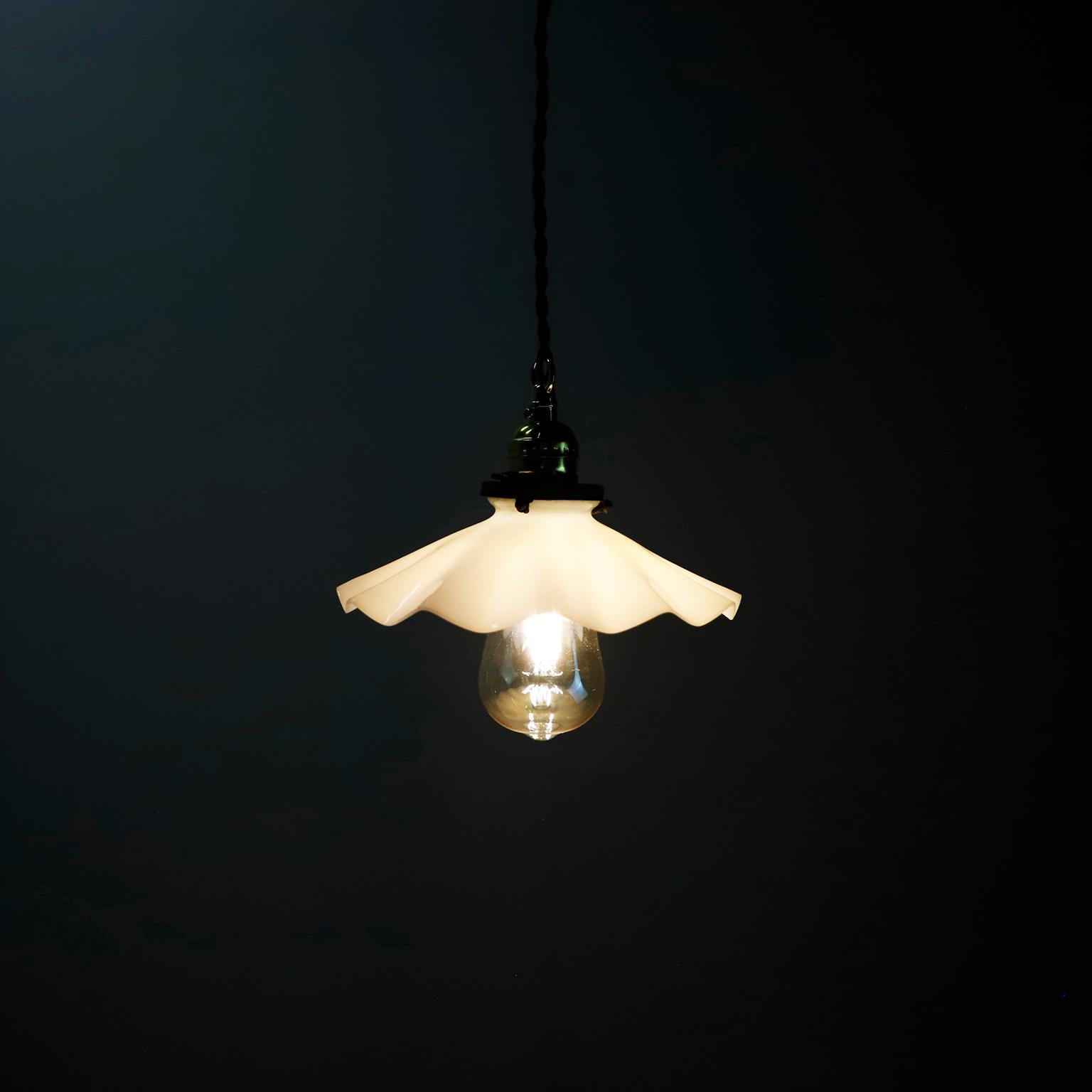 Mid-20th Century Milk Glass Vintage Industrial Pendant Light 14 For Sale