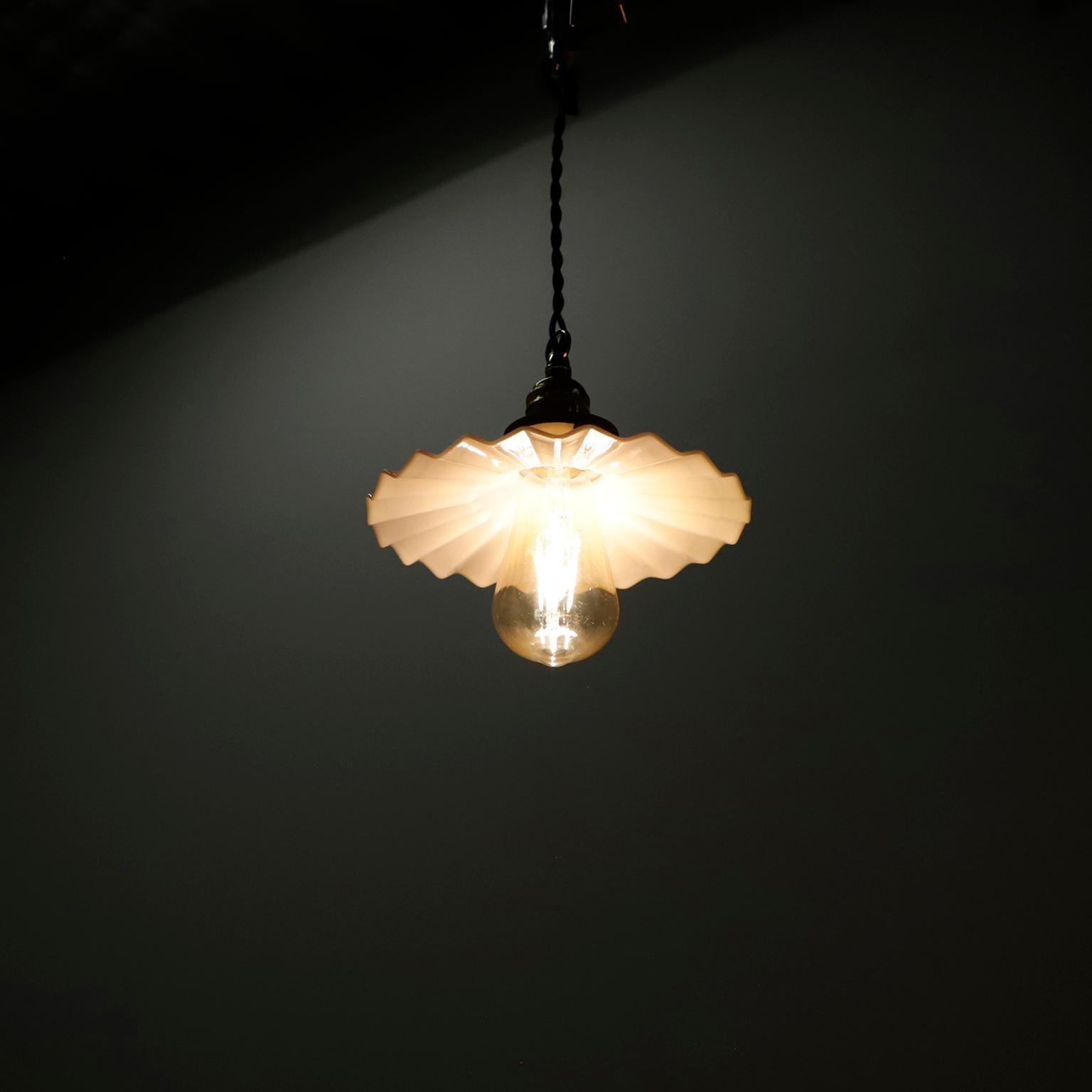 Mid-20th Century Milk Glass Vintage Industrial Pendant Light 8 For Sale