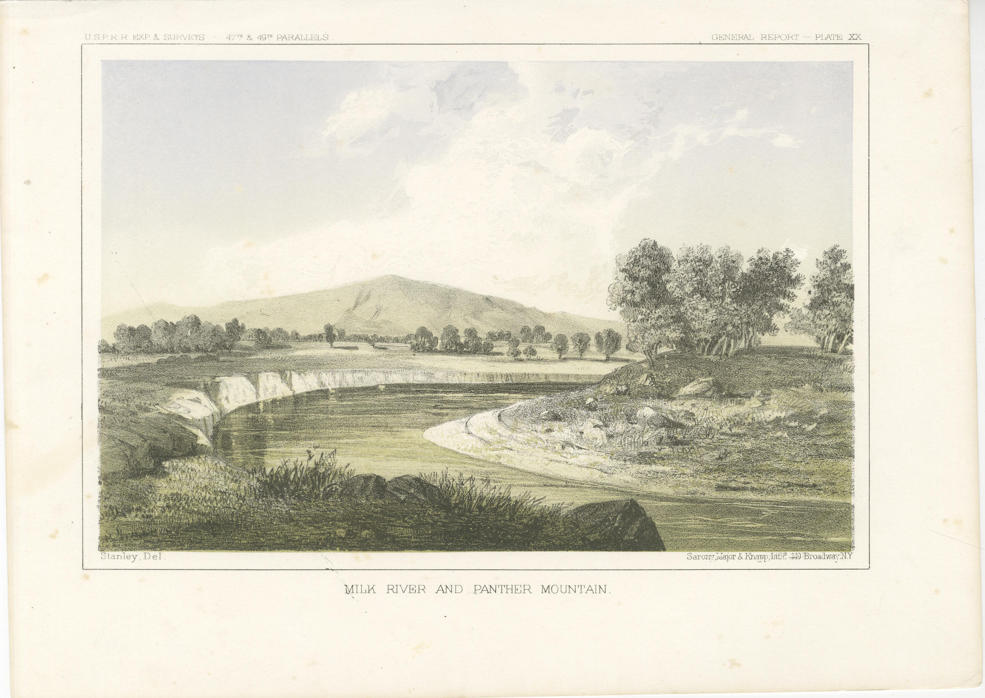 Río Leche y Montaña Pantera en Montana y Alberta - Litografía Tintada, 1856 en Bueno estado para la venta en Langweer, NL