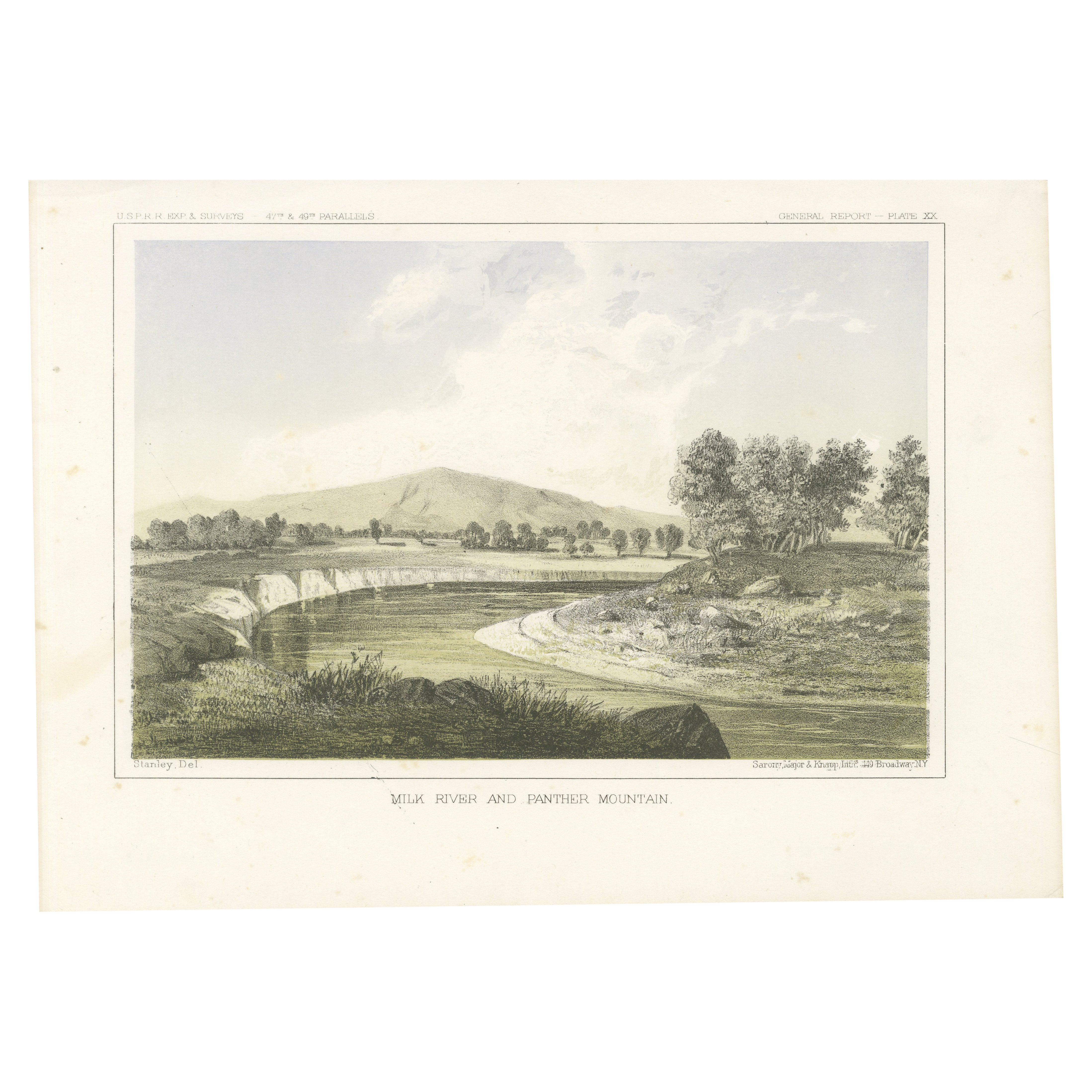 Milk River et Panther Mountain dans le Montana et l'Alberta - Lithographie teintée, 1856