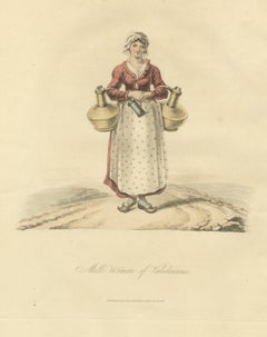 Milk Woman of Valenciennes with Brass Milk Cans, Antique Ackermann Print, 1817