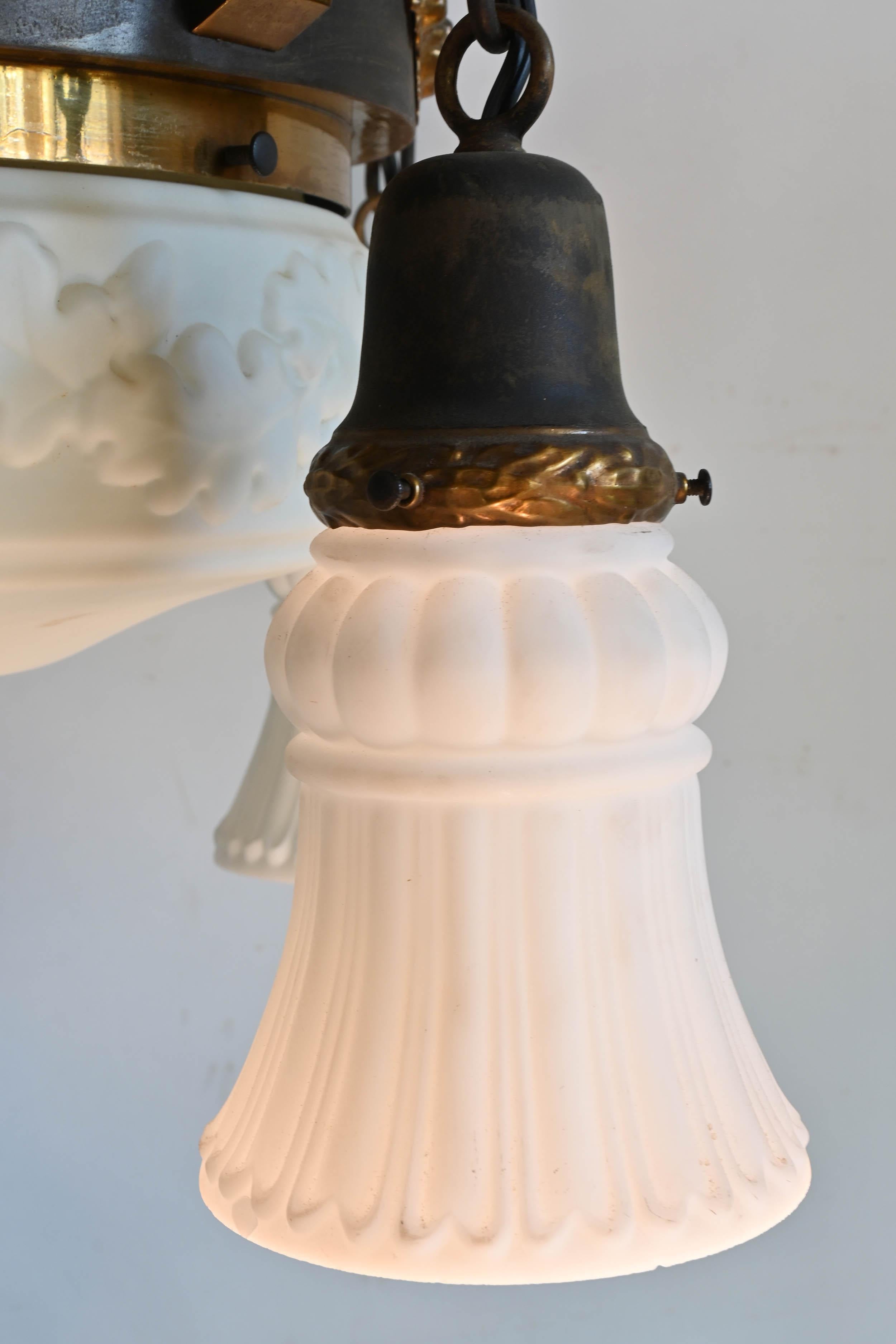 20th Century Milkglass Bowl Chandelier with 4 Shades