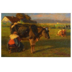 Vintage “Milking Time” '1906' Landscape Painting of Cows by Albert Reibmayr 'Austrian'
