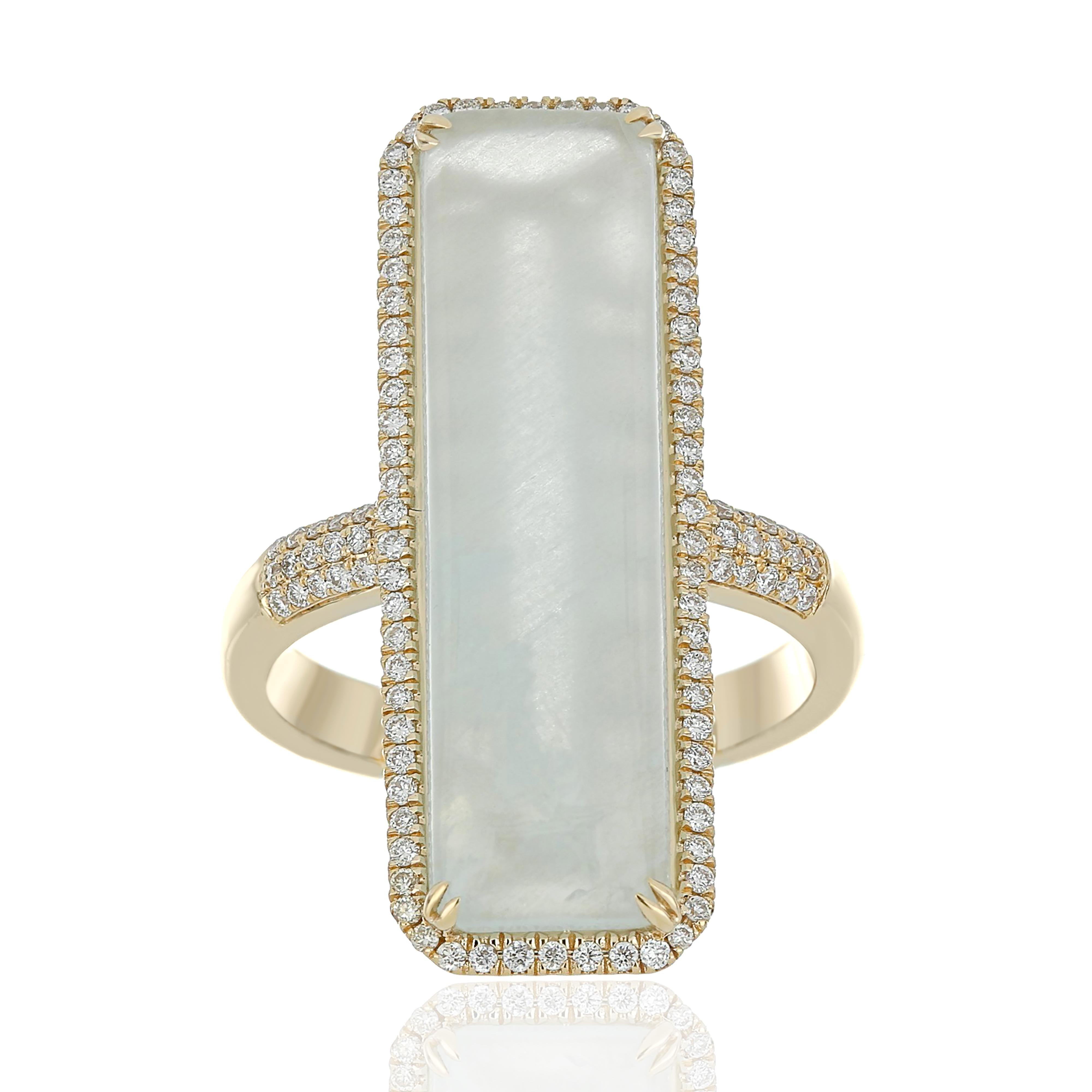 For Sale:  Milky Aqua and Diamond Studded Ring in 14 Karat Yellow Gold 2