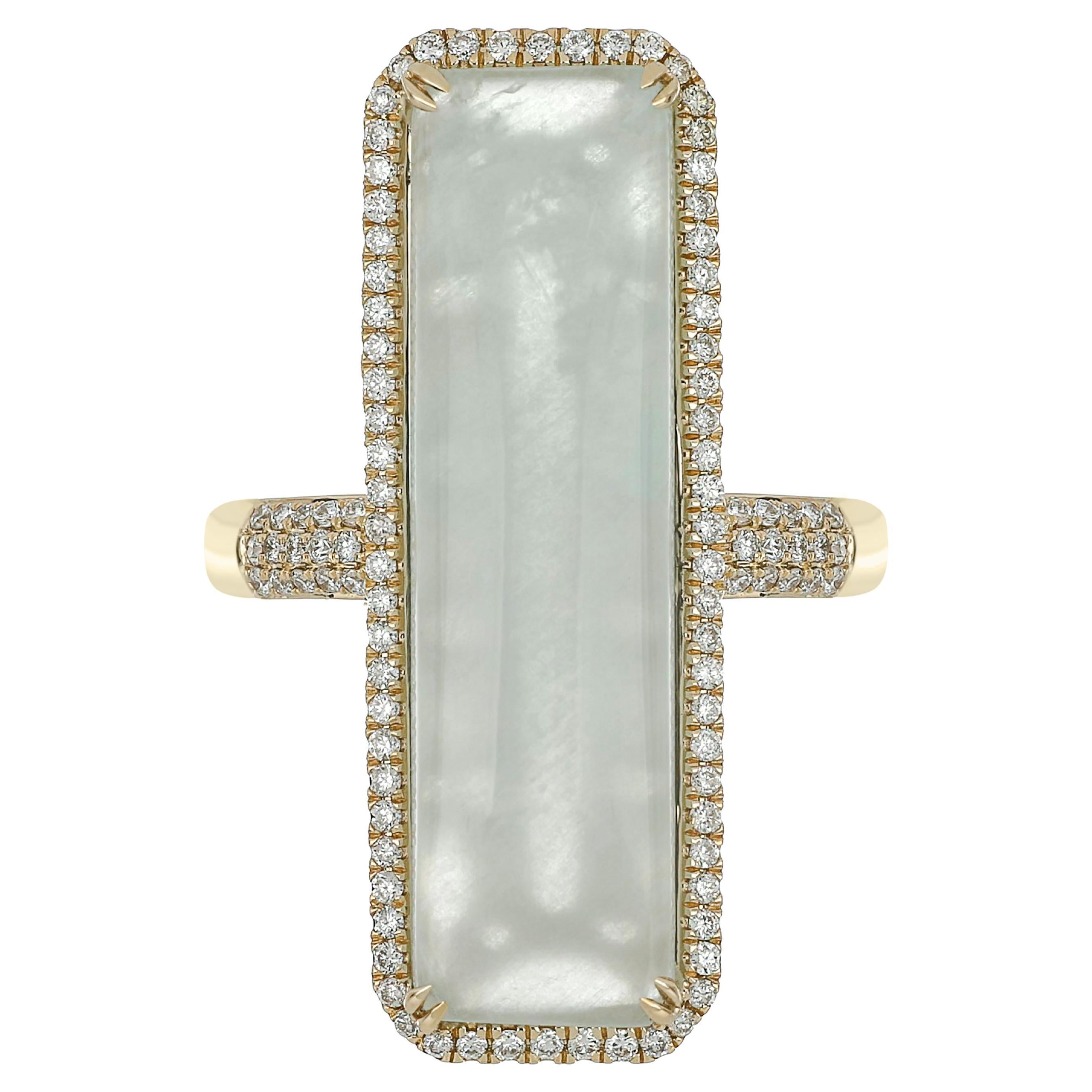 Milky Aqua and Diamond Studded Ring in 14 Karat Yellow Gold