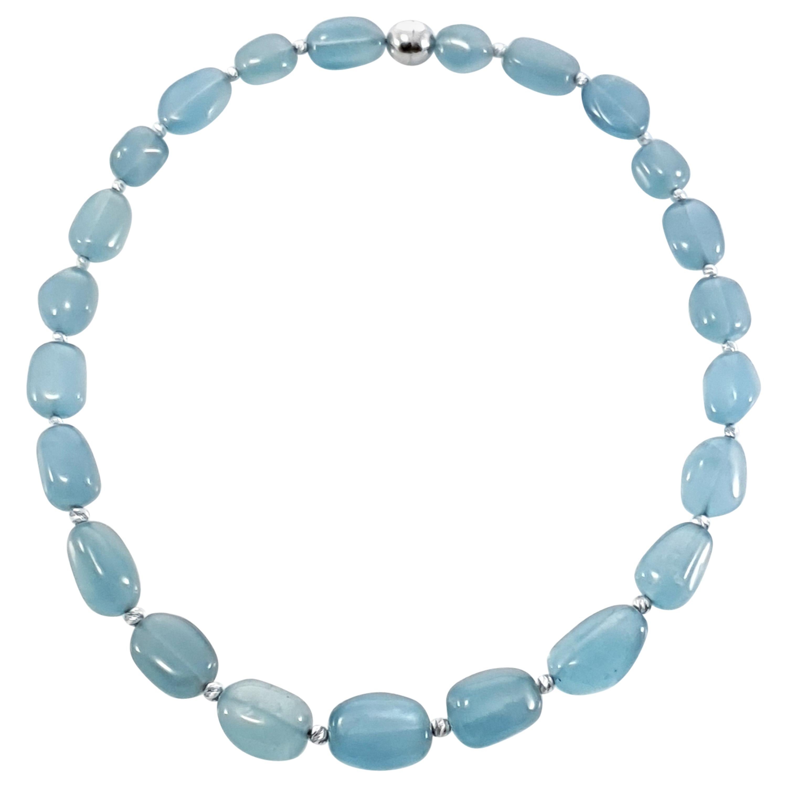 Milky Blue Aquamarine Baroque Beaded Necklace with 18kt White Gold For Sale