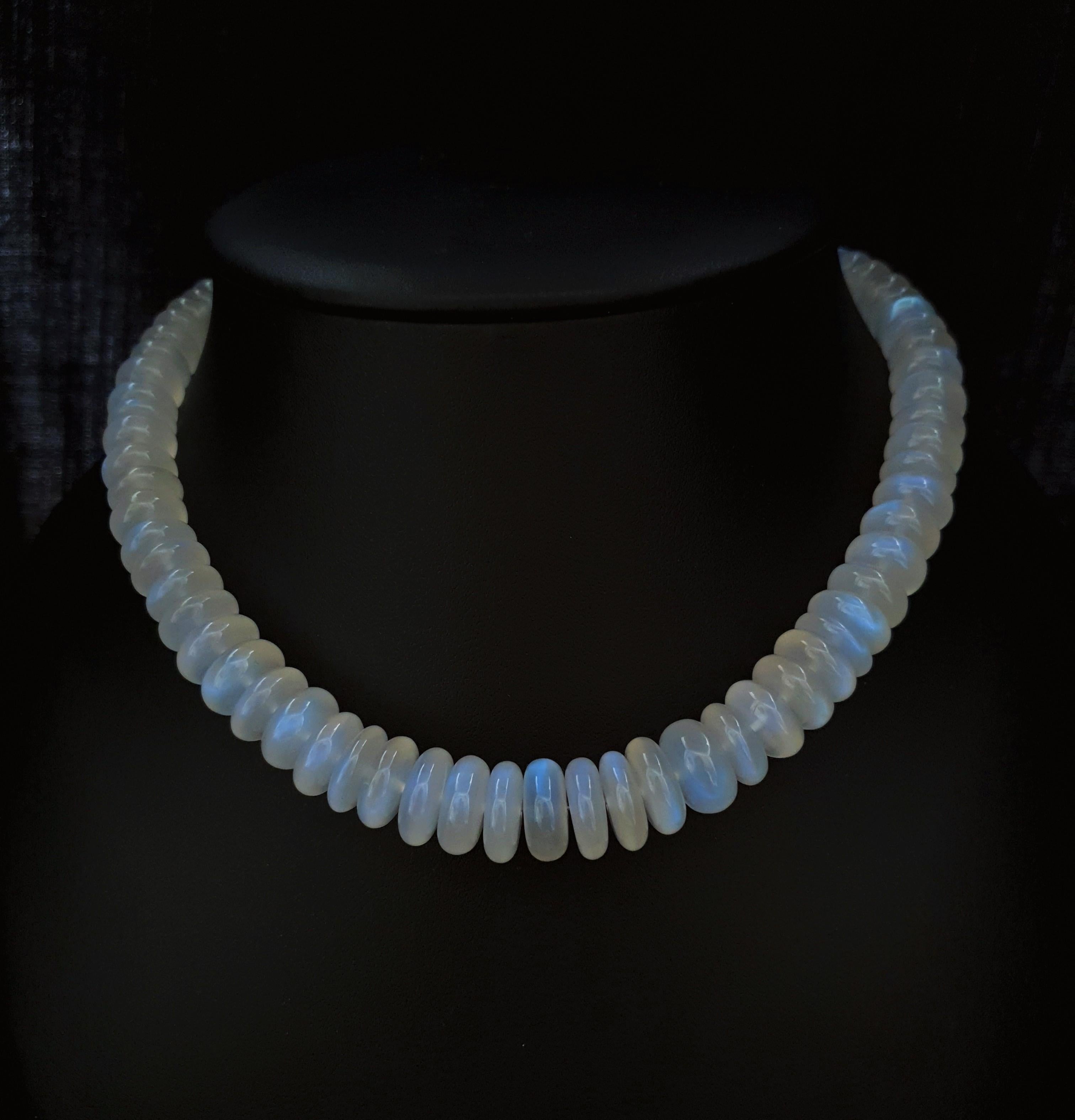 This Natural Milky Blue Moonstone Rondel Beaded Necklace with 18 Carat White Gold Clasp is totally handmade. Cutting as well as goldwork are made in German quality. The screw clasp is easy to handle and very secure. 
Timeless and classic design