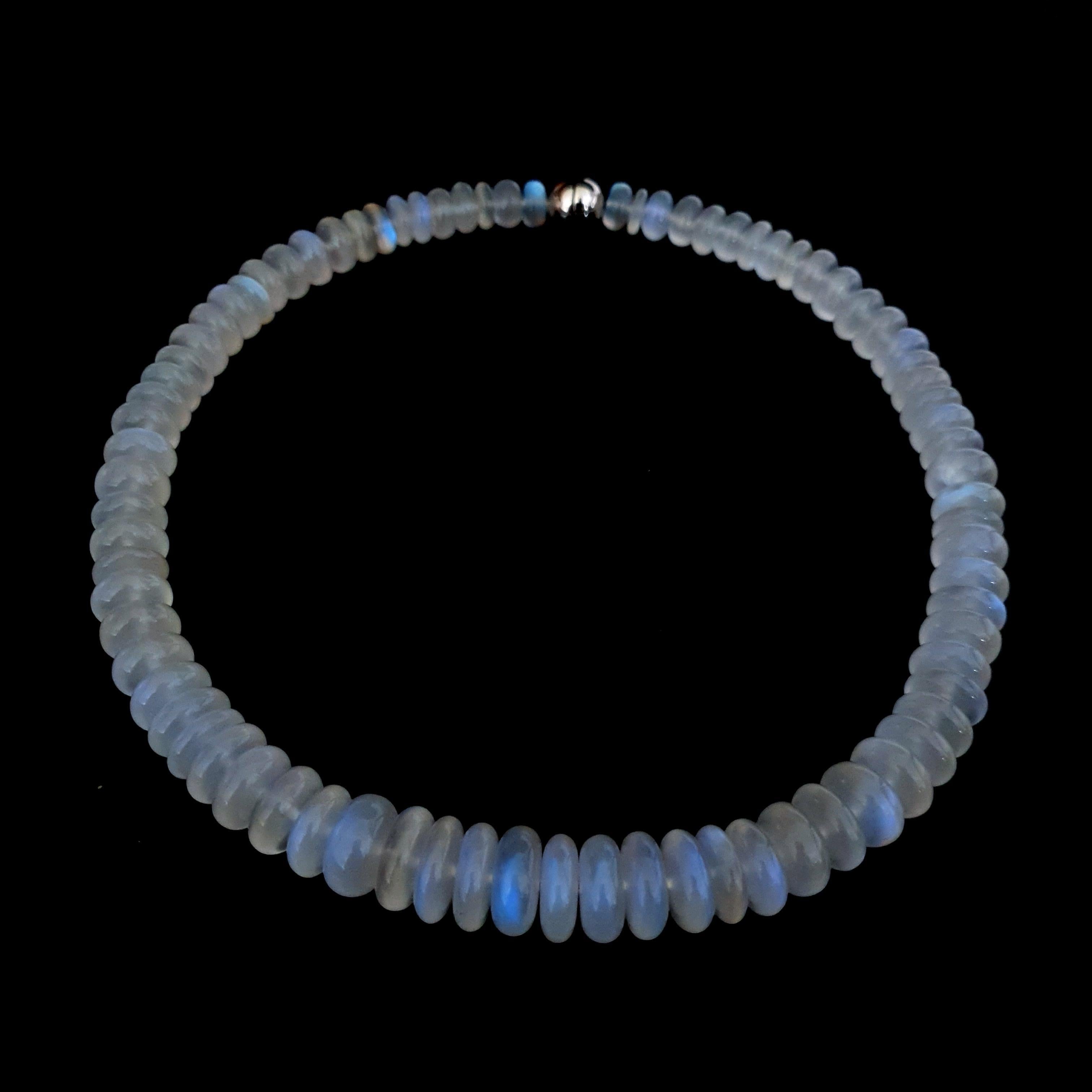 Arts and Crafts Milky Blue Moonstone Rondel Beaded Necklace with 18 Carat White Gold Clasp For Sale