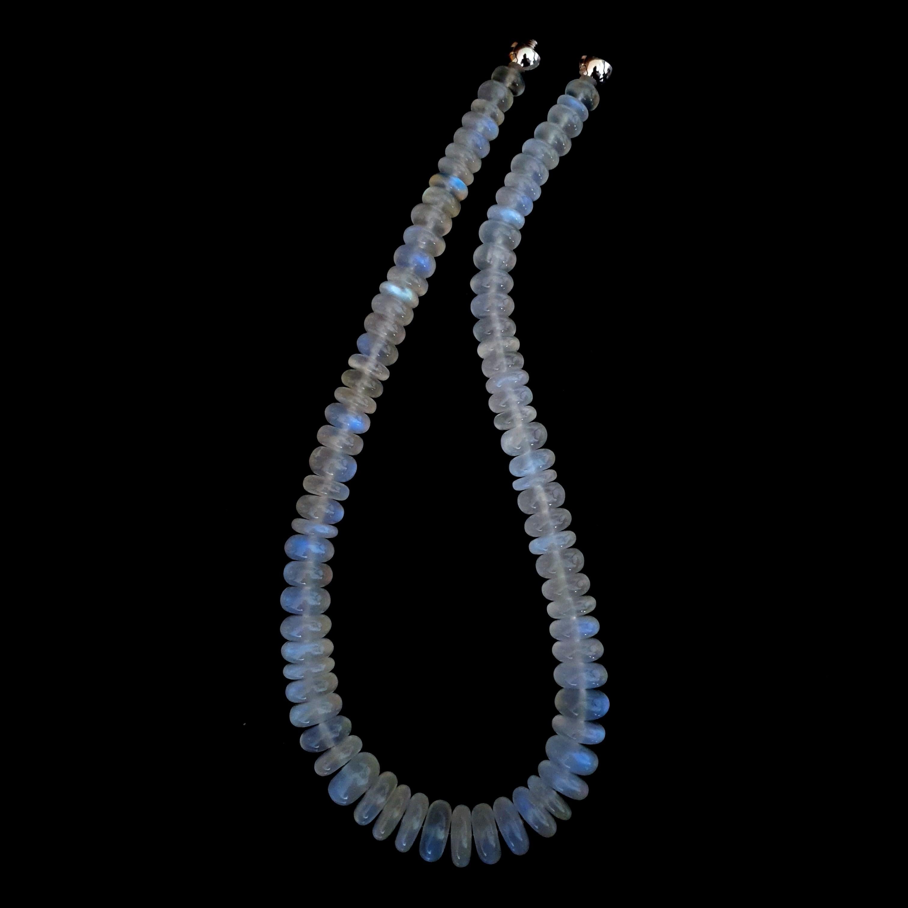 Women's Milky Blue Moonstone Rondel Beaded Necklace with 18 Carat White Gold Clasp For Sale