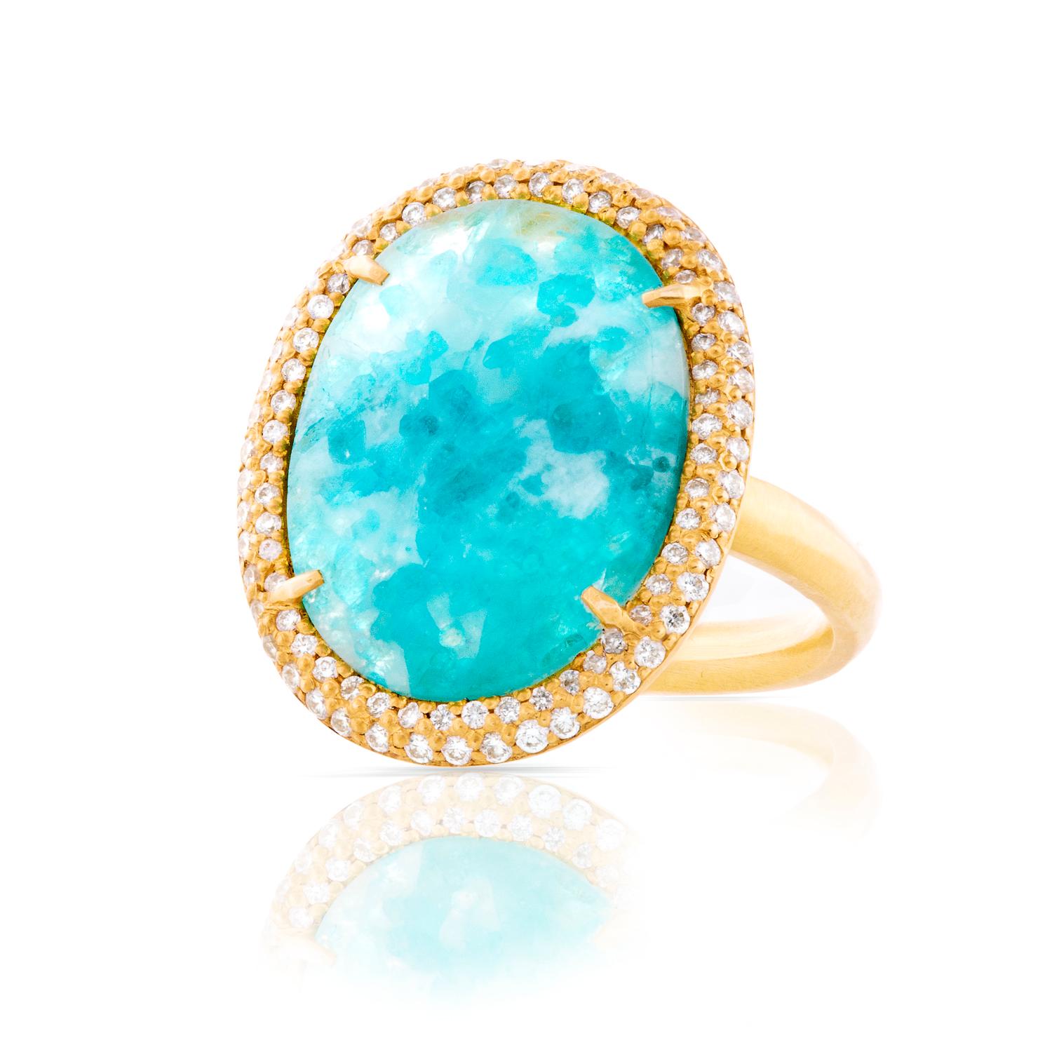 5.50ct. Fine Milky Paraiba Tourmaline Ring with 0.62 ct. vs quality Diamond Pave Set in 18K Matte Finish Yellow Gold. Hand made and set in Los Angeles. All Diamonds are ethically sourced.