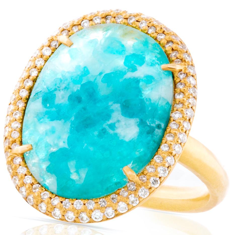 Contemporary Milky Brazilian Paraiba Ring with Diamond Pave in 18k Yellow Gold For Sale