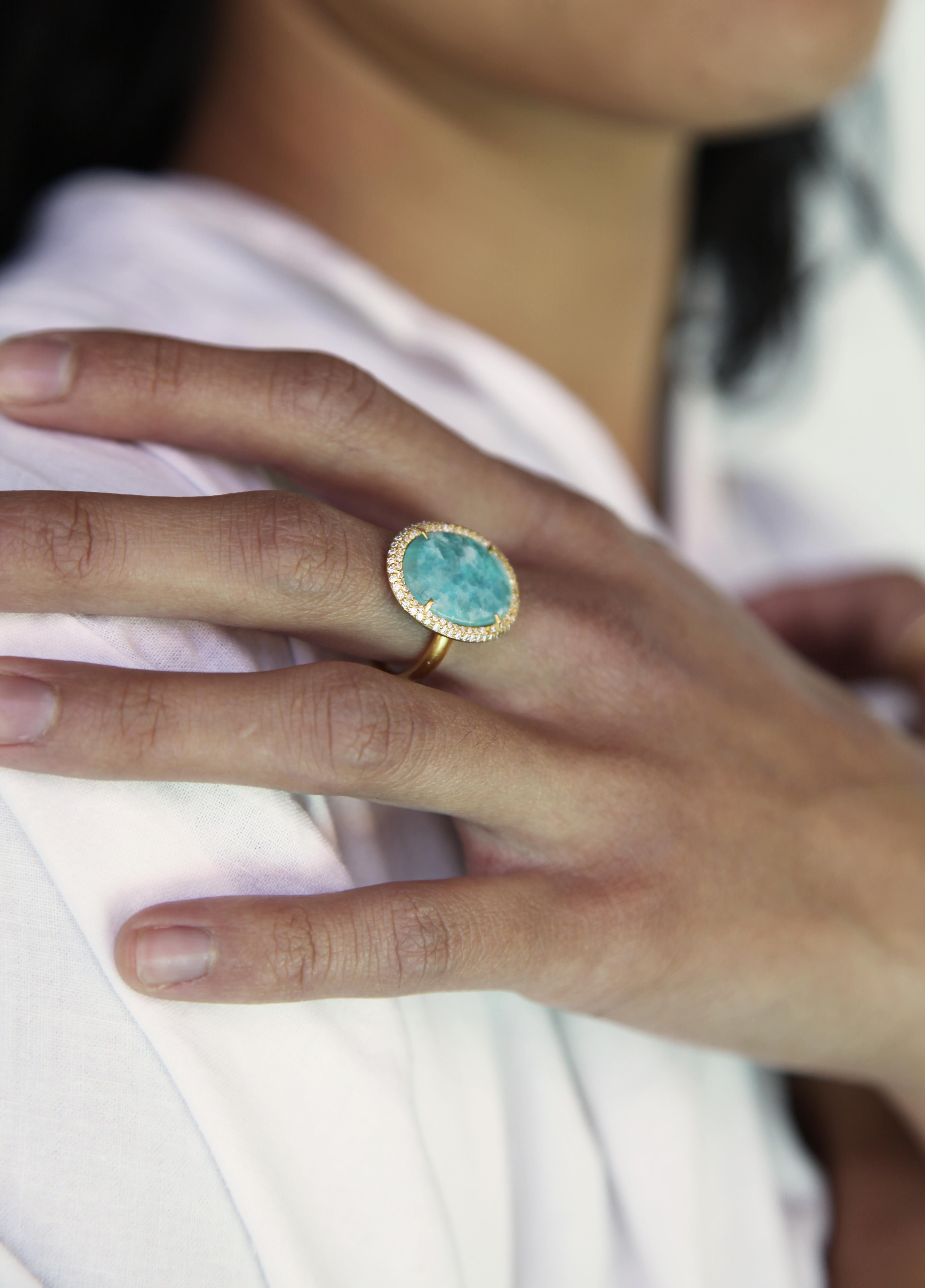Milky Brazilian Paraiba Ring with Diamond Pave in 18k Yellow Gold In New Condition For Sale In Santa Monica, CA