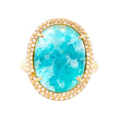 Milky Brazilian Paraiba Ring with Diamond Pave in 18k Yellow Gold