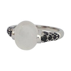 Milky Cabochon Quartz Gemstone Black Diamond 18 Karat Gold Made in Italy Ring