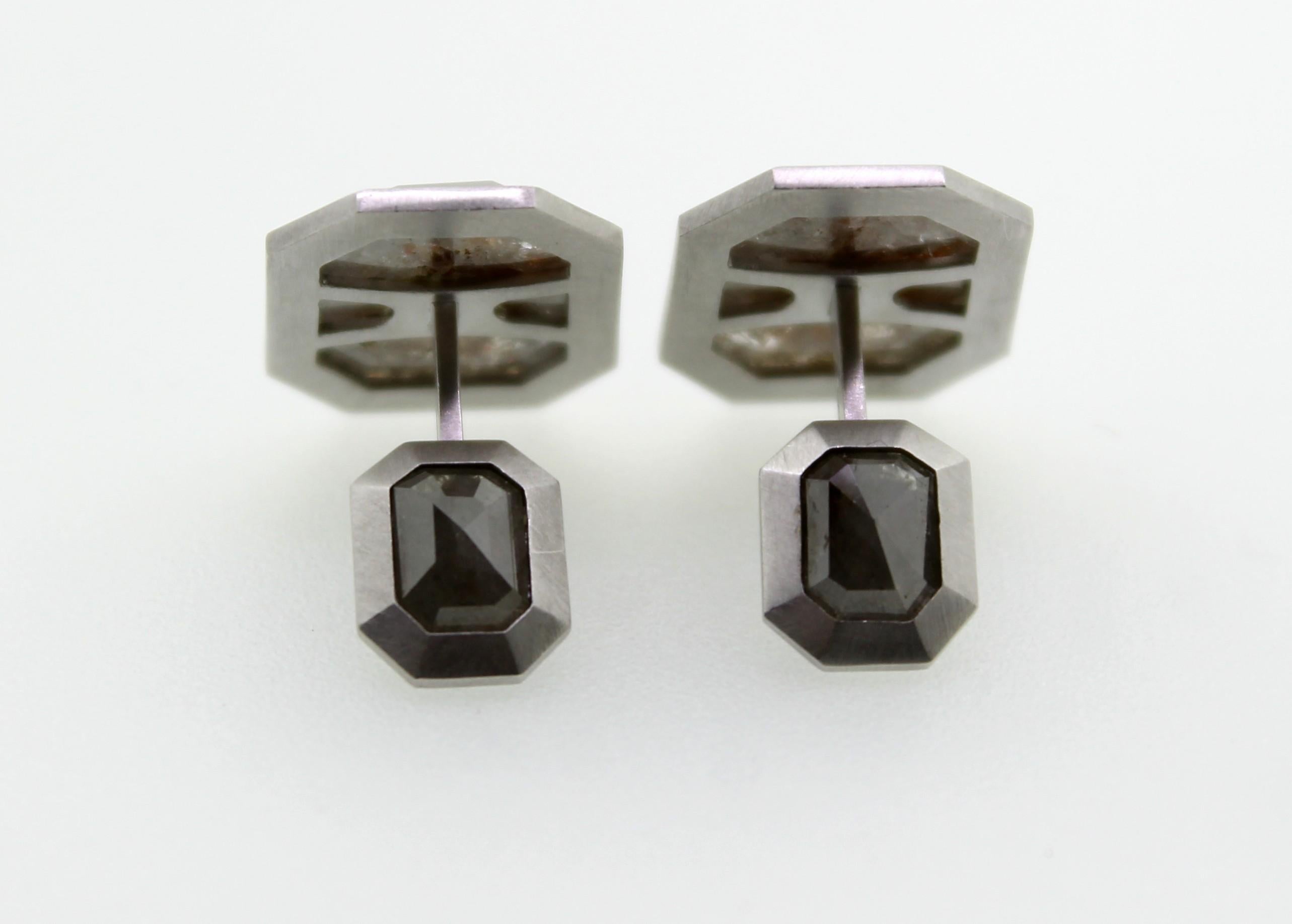 Milky Dark Grey Octagonal Rosecut Diamond Cufflinks For Sale 3