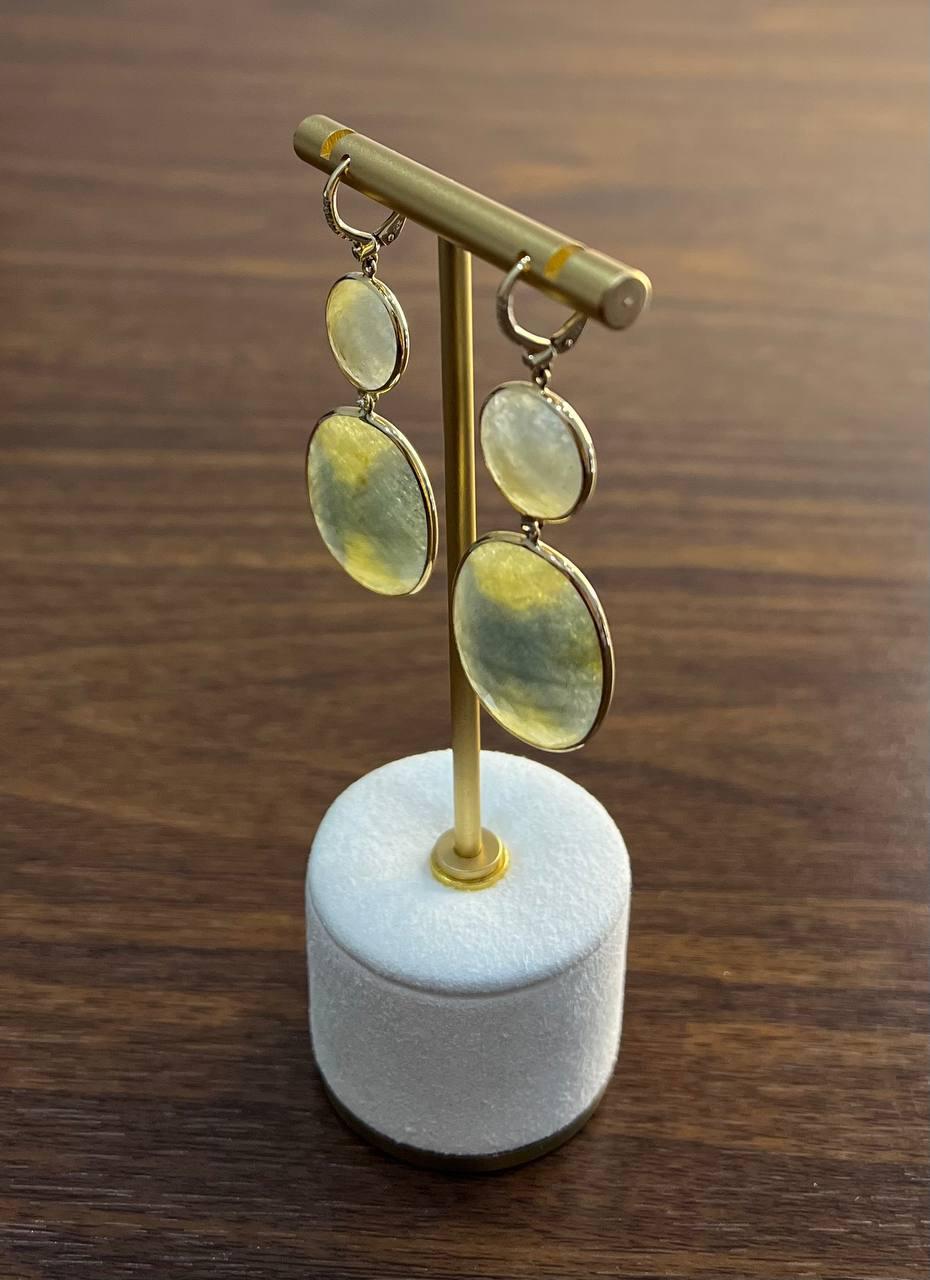 Milky Earth Yellow Rutilated Quartz Diamonds Halo 14K Gold Statement Earrings In New Condition For Sale In Oakton, VA