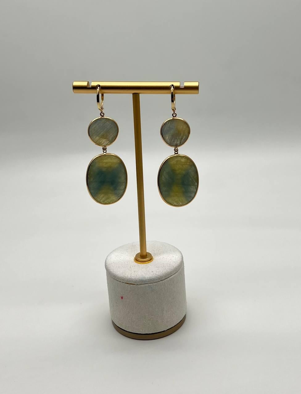 Milky Earth Yellow Rutilated Quartz Diamonds Halo 14K Gold Statement Earrings For Sale 2