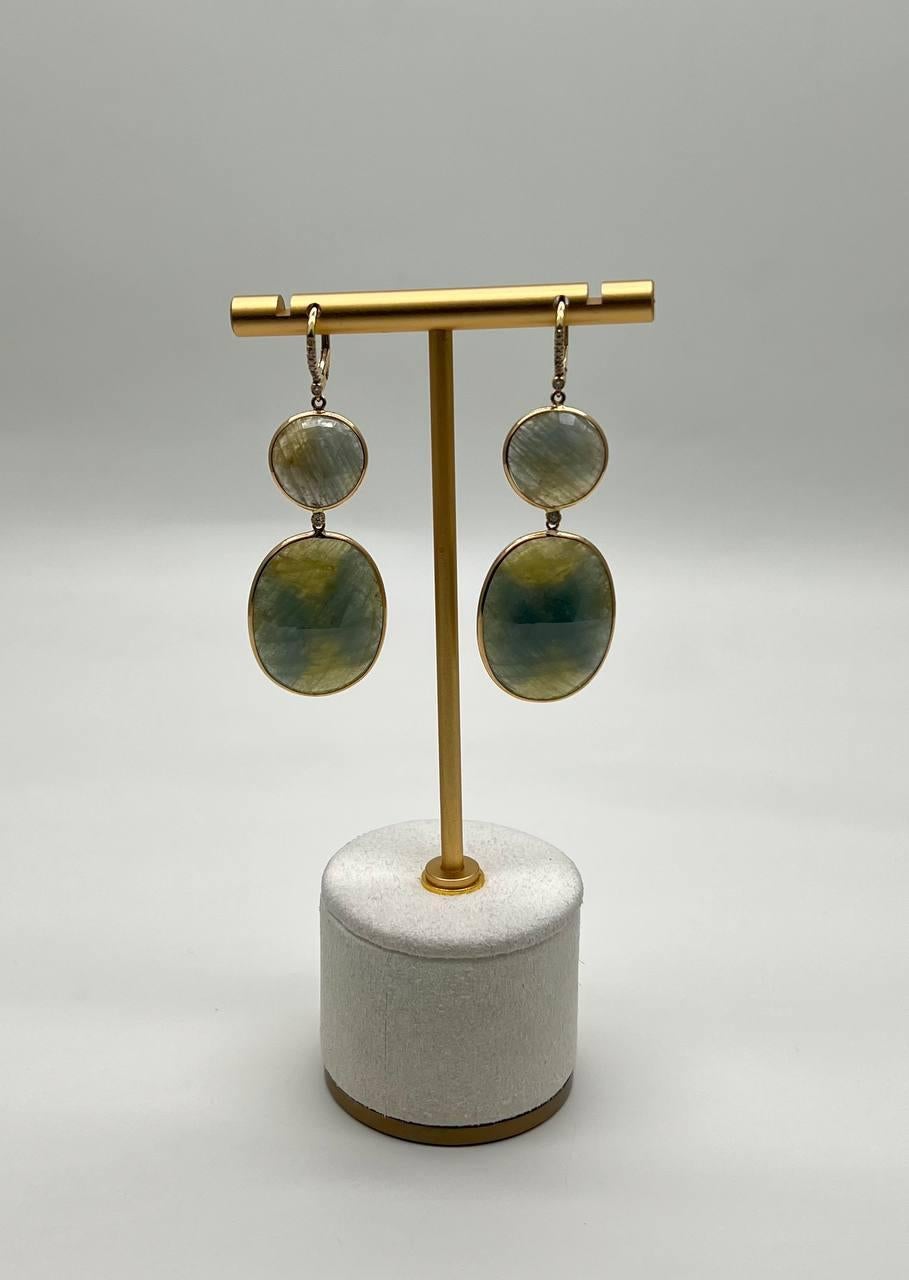 Milky Earth Yellow Rutilated Quartz Diamonds Halo 14K Gold Statement Earrings For Sale 4