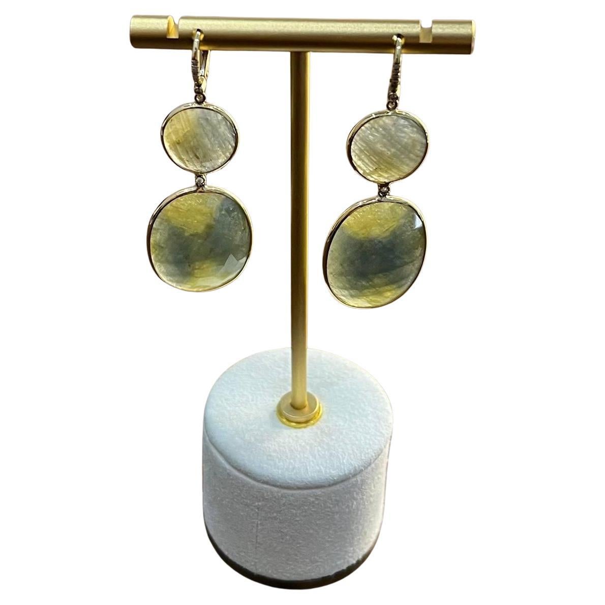 Milky Earth Yellow Rutilated Quartz Diamonds Halo 14K Gold Statement Earrings
