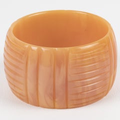 Milky Pink Bakelite Bangle Bracelet with Geometric Carving