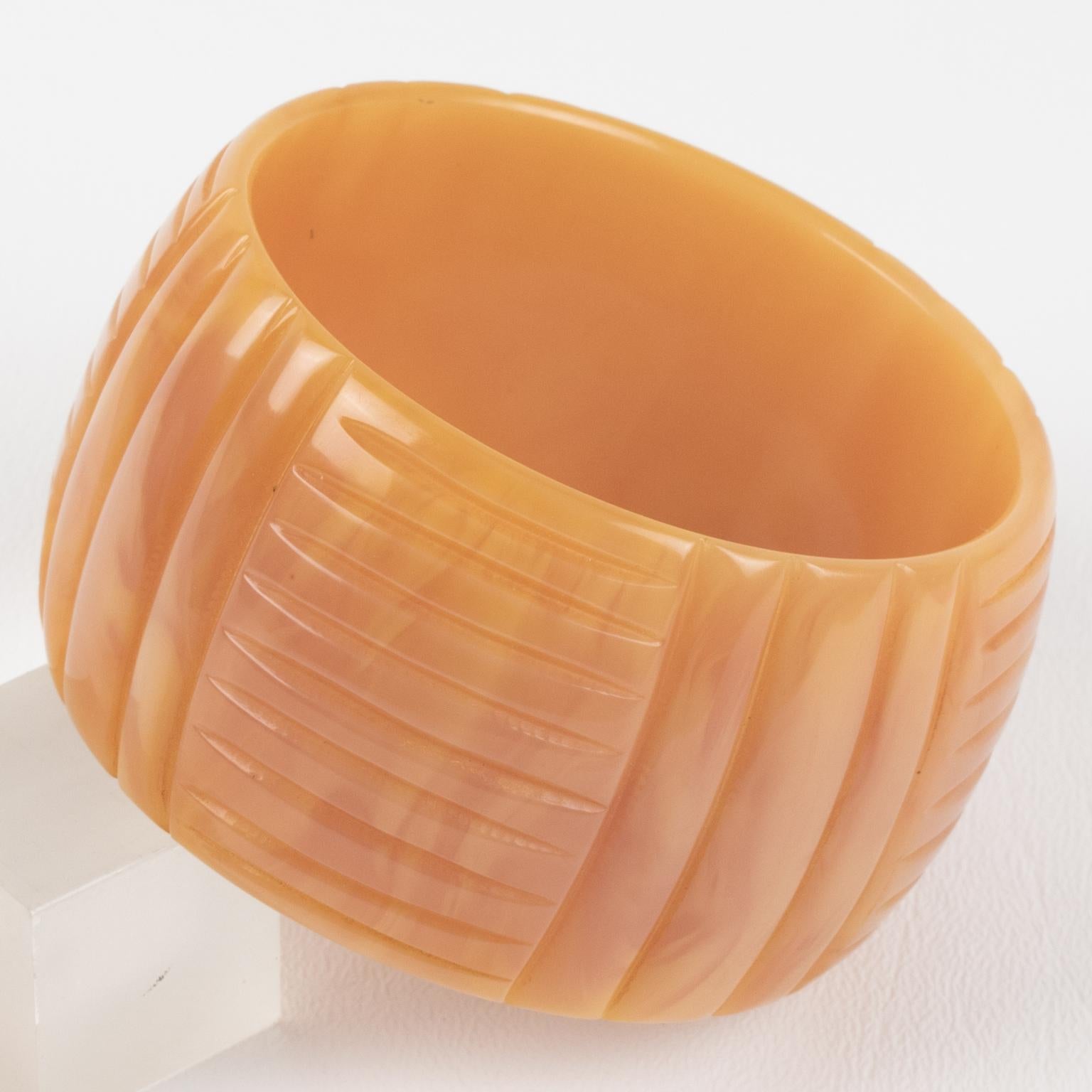 Milky Pink Bakelite Bangle Bracelet with Geometric Carving For Sale 3