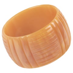 Milky Pink Bakelite Bangle Bracelet with Geometric Carving