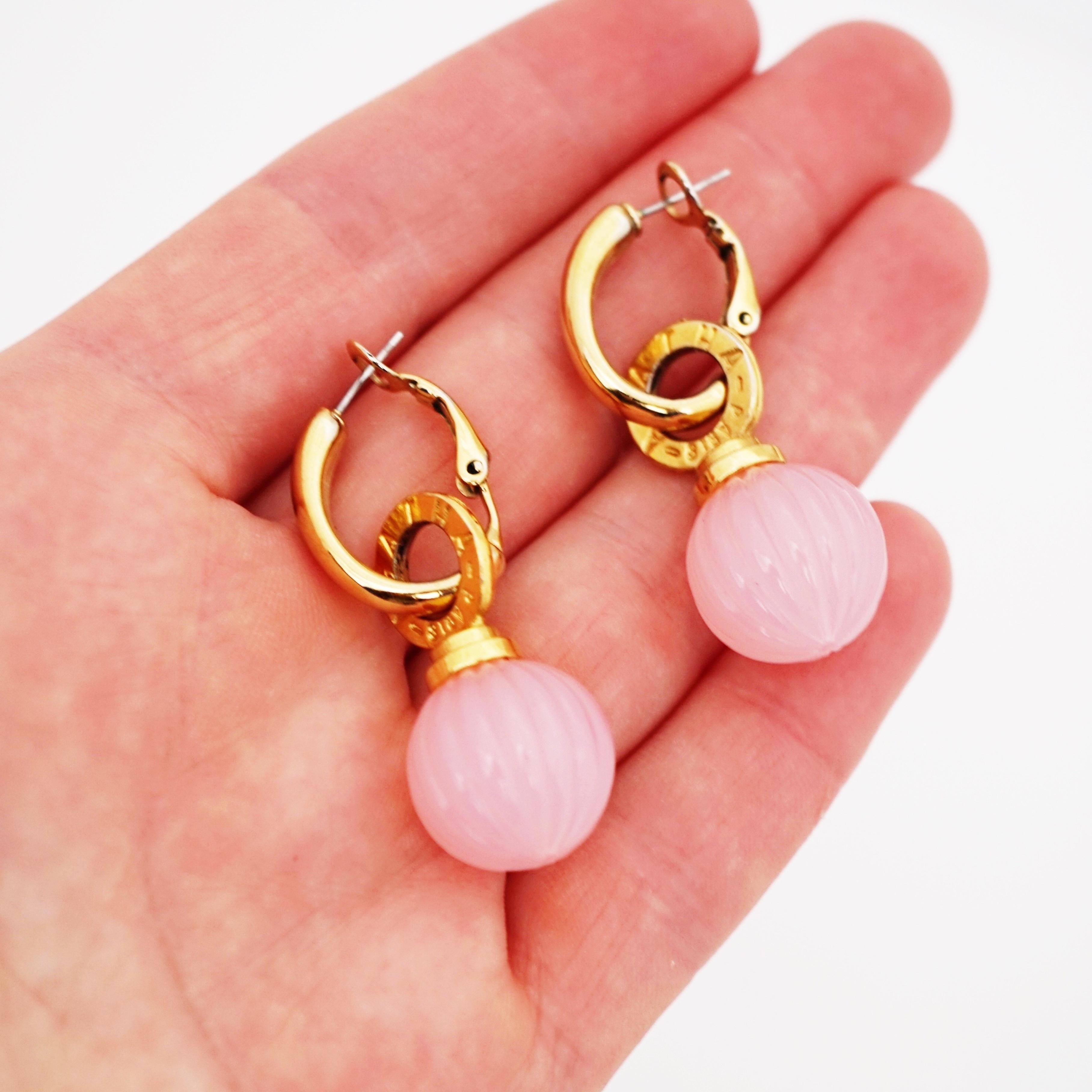 Modern Milky Pink Lucite Dangle Hoop Earrings By Agatha Paris, 1980s