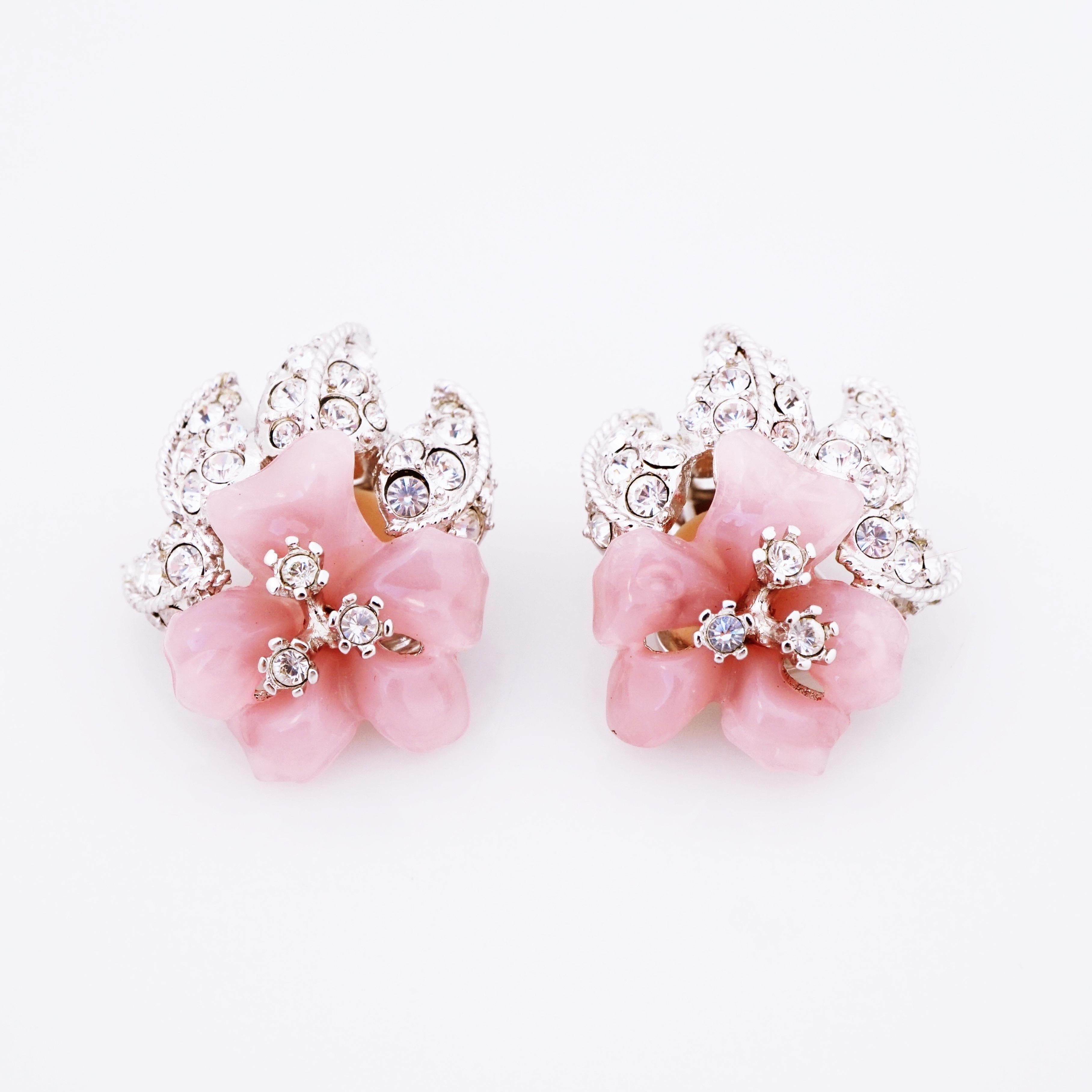 Modern Milky Pink Resin Flower Crystal Encrusted Earrings By Nolan Miller, 1980s