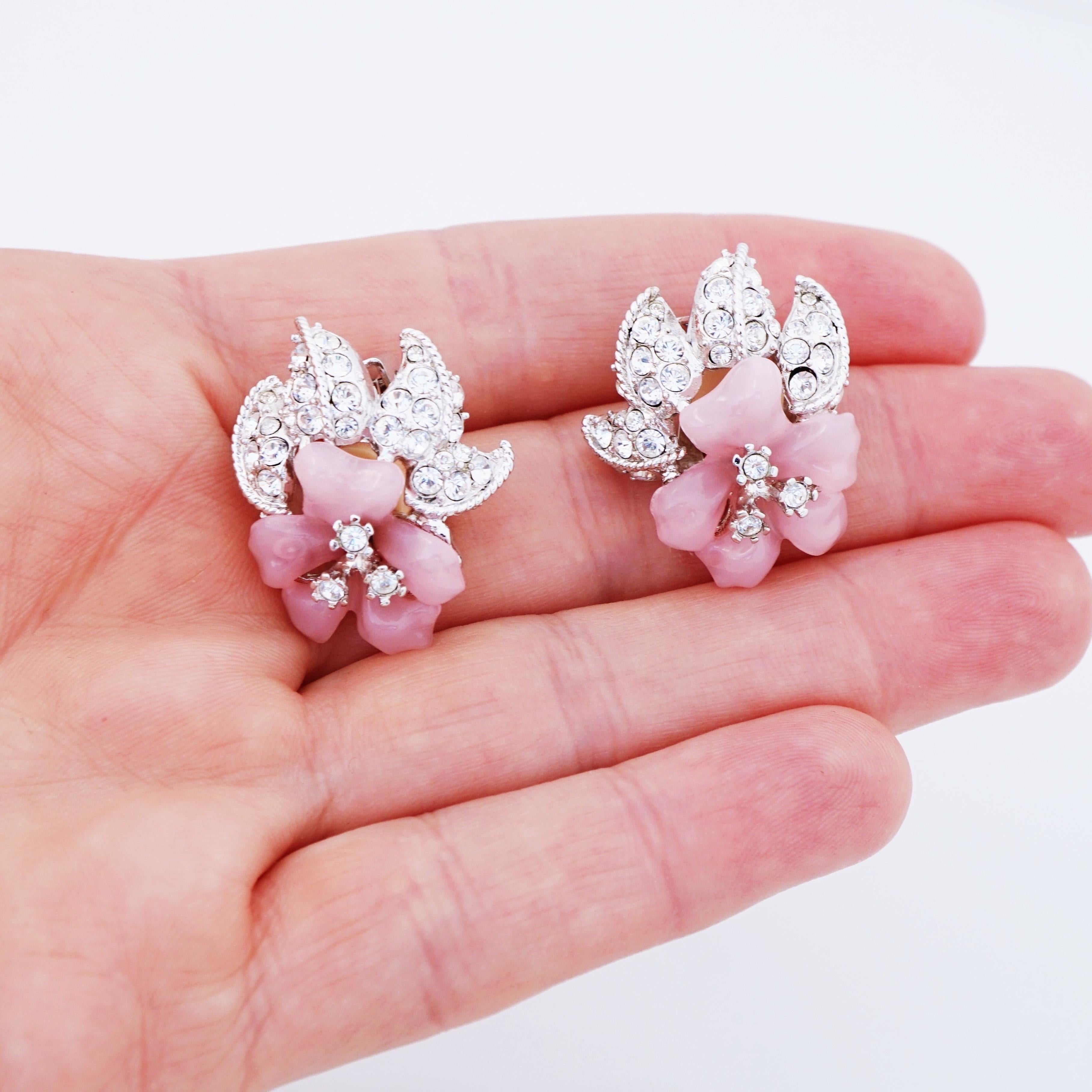 Women's Milky Pink Resin Flower Crystal Encrusted Earrings By Nolan Miller, 1980s
