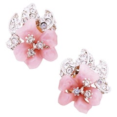 Milky Pink Resin Flower Crystal Encrusted Earrings By Nolan Miller, 1980s