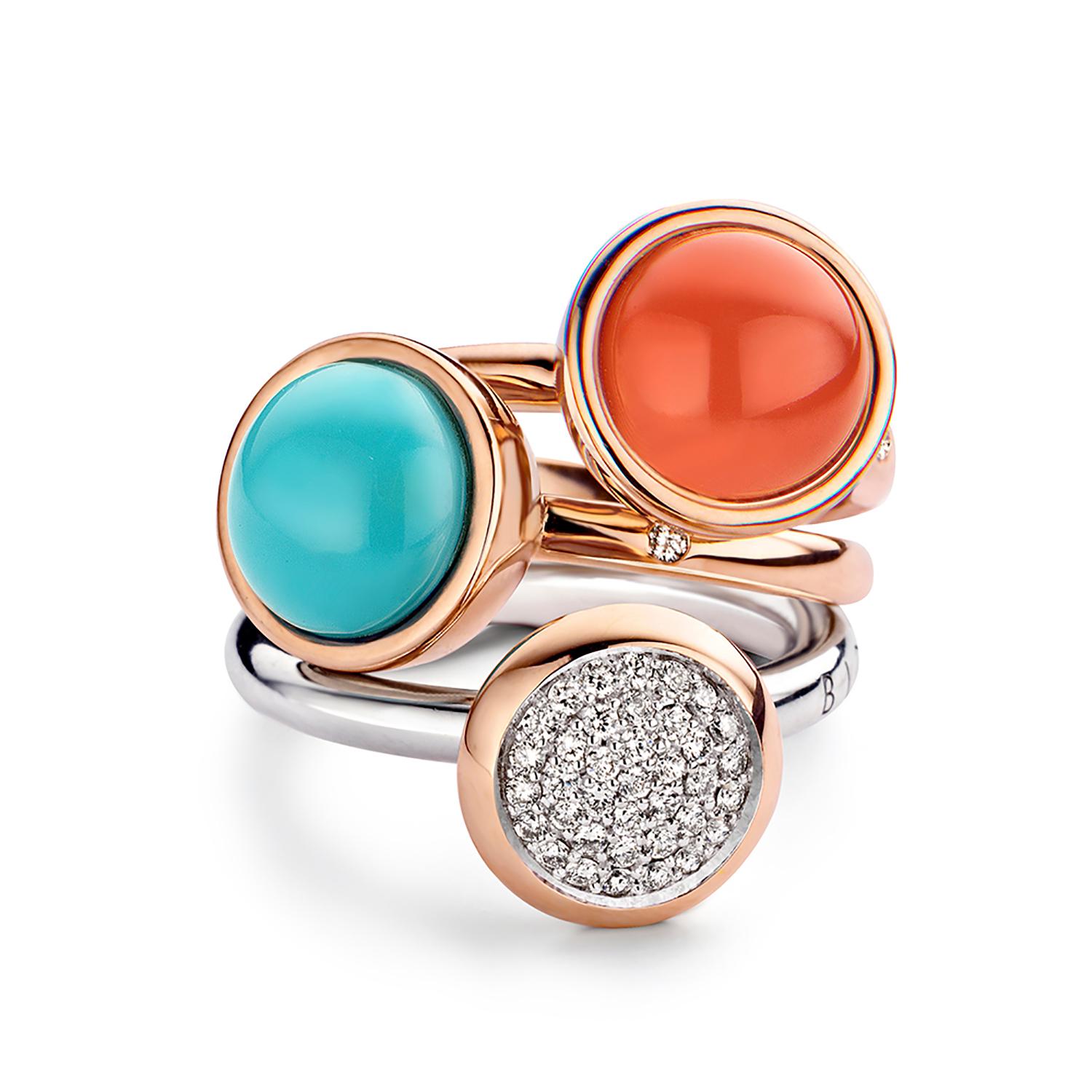 Cabochon Milky Quartaz with Coral Ring in 18ct Gold by Bigli For Sale
