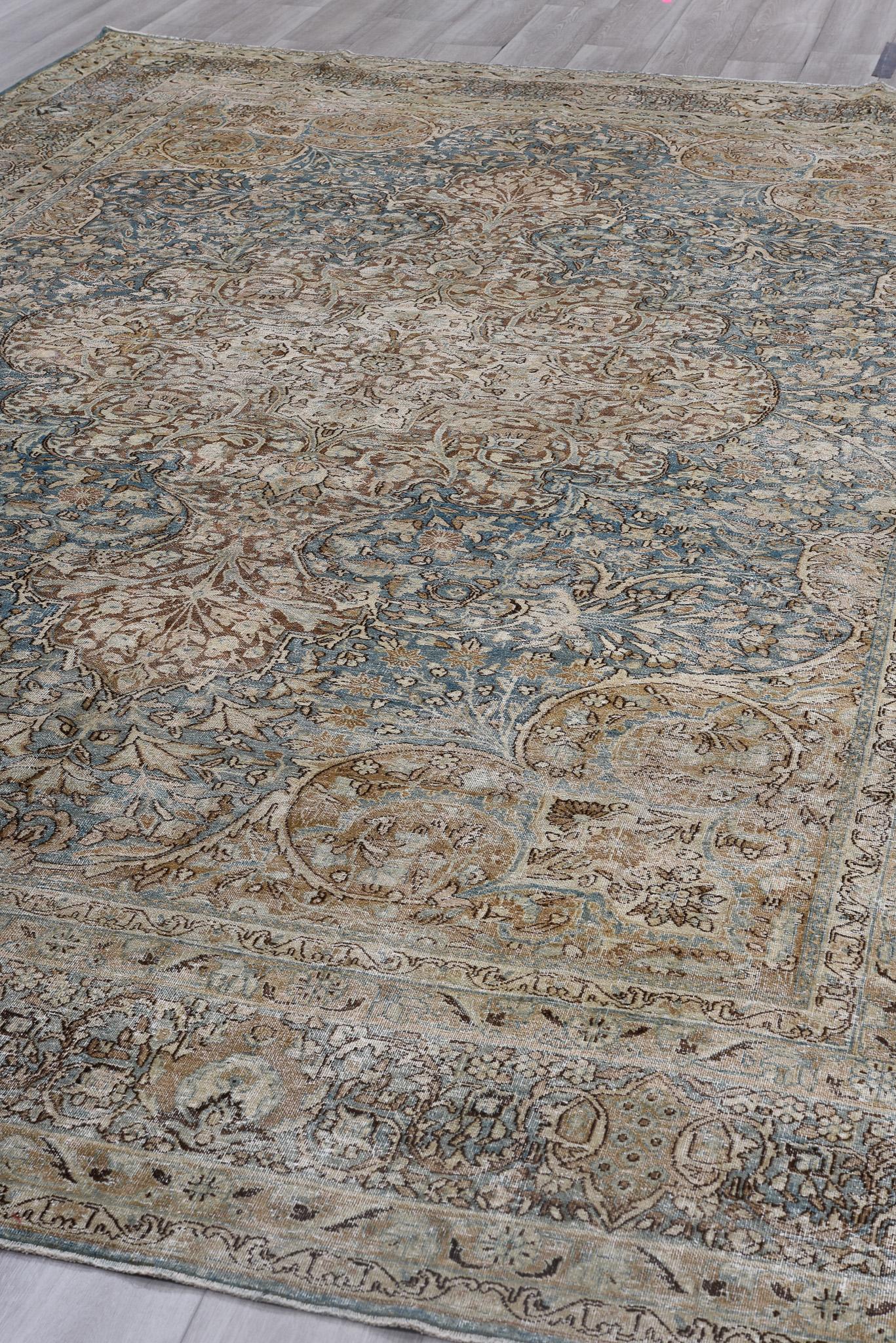 Wool Fine Antique Persian Kerman Rug, Washed Gold and Navy Tones, circa 1920s For Sale