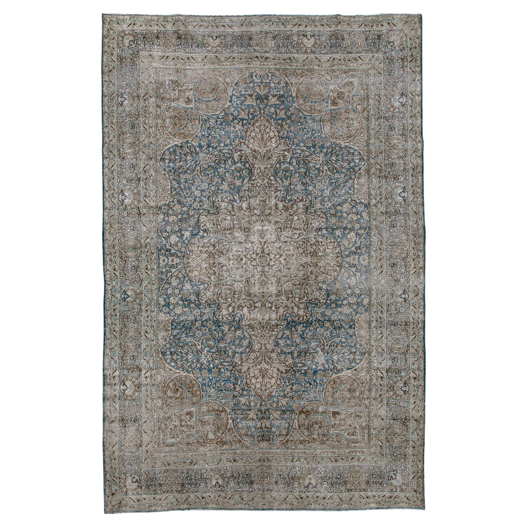 Fine Antique Persian Kerman Rug, Washed Gold and Navy Tones, circa 1920s For Sale