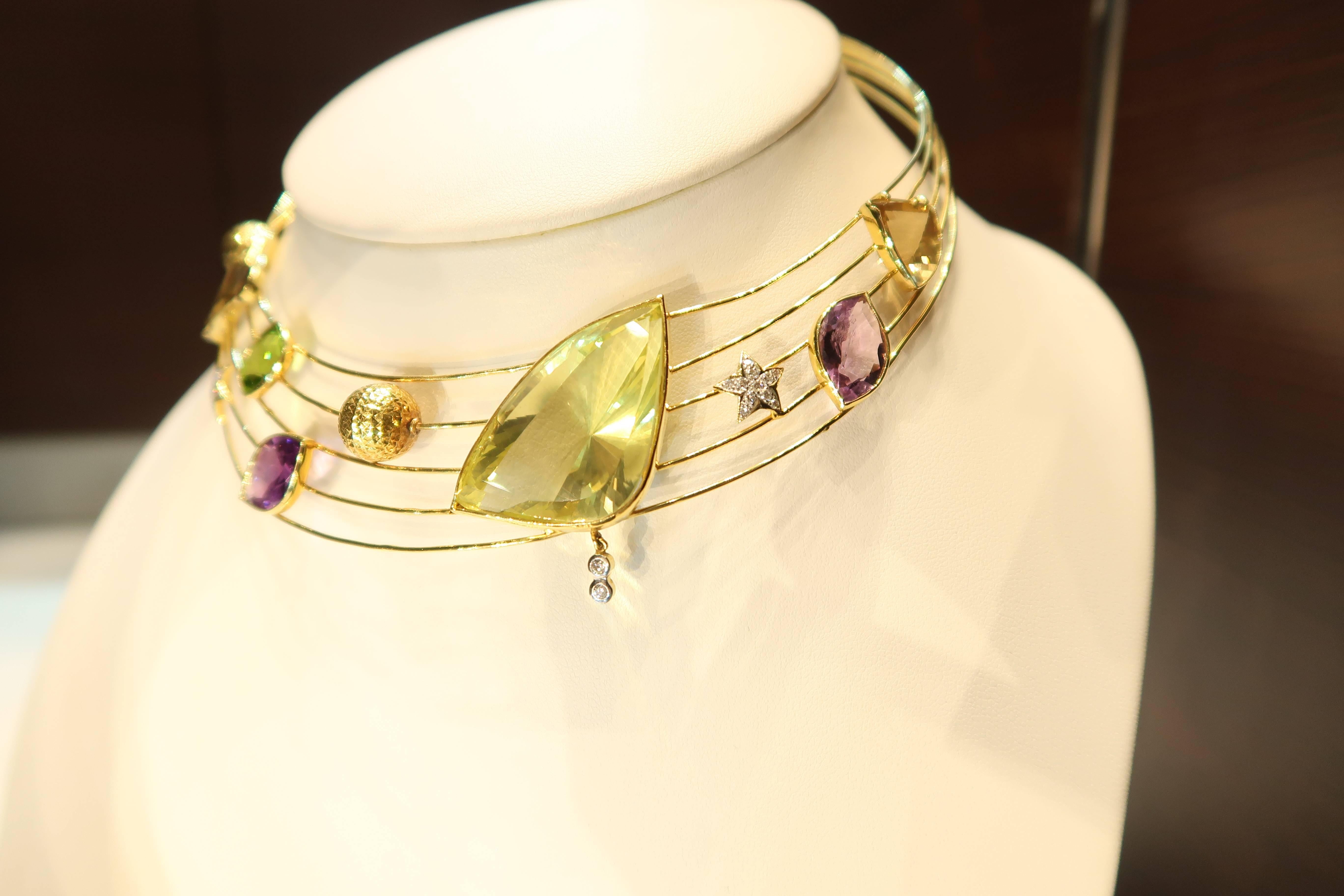 Modern Milky Way Multicolour Semi-Precious Stone Diamond Wire Choker 18K Gold Necklace For Sale