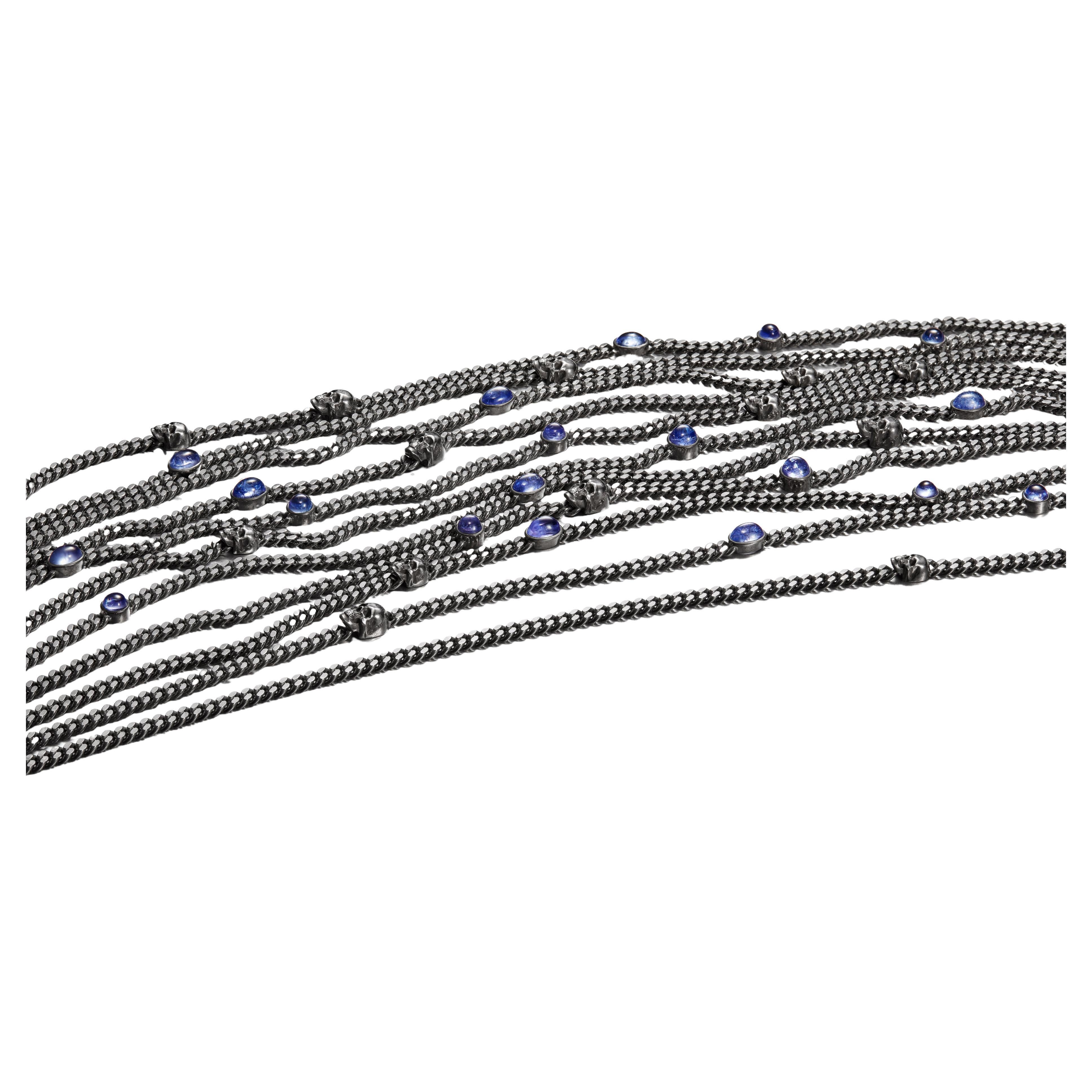 Milky Way Necklace — Curb Link Chains with Cabochon Tanzanites and Skull Details in vendita