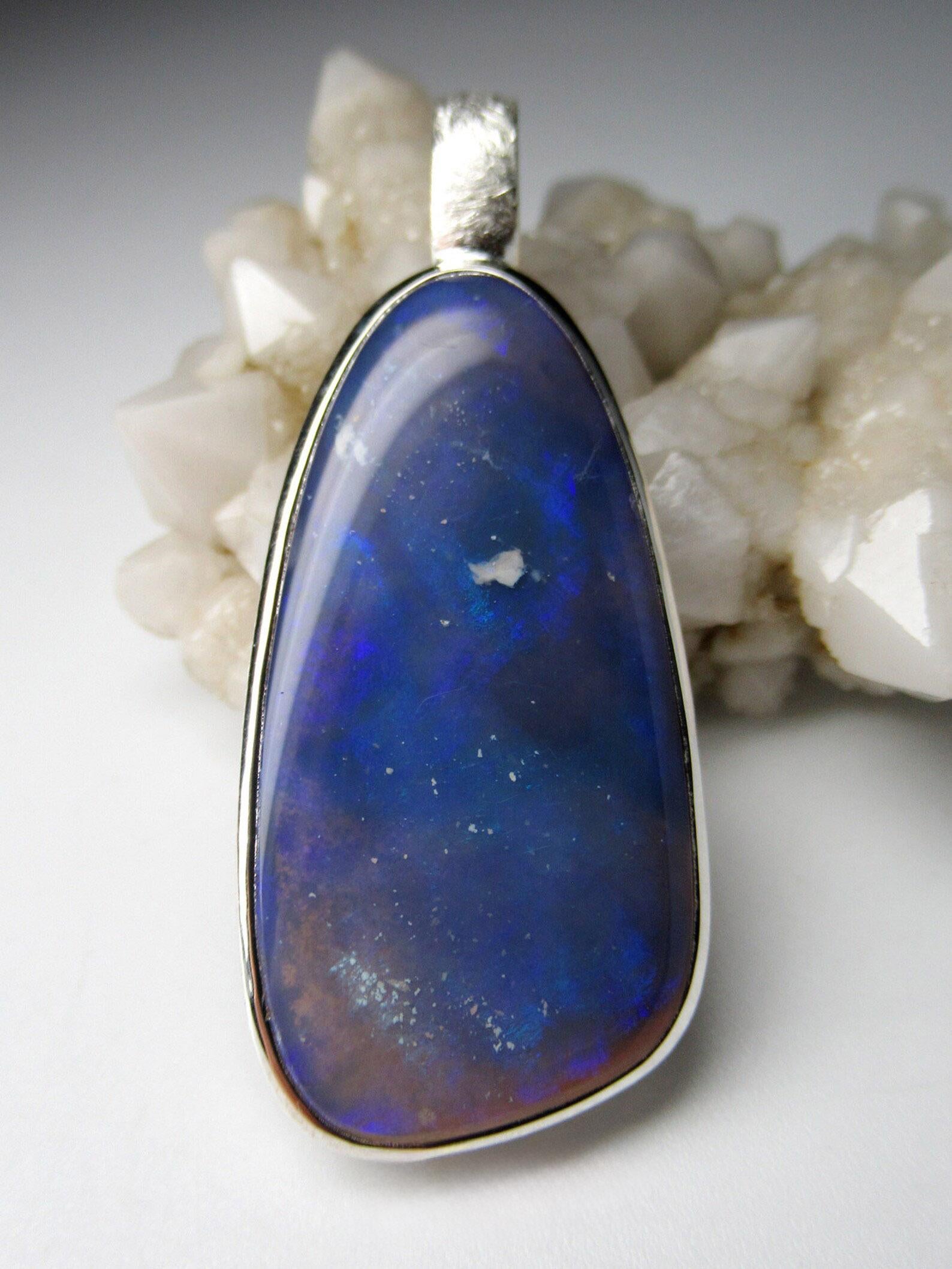 Pear Cut Milky Way Opal Silver Pendant Blue Natural Australian Gemstone Unisex Jewelry  For Sale