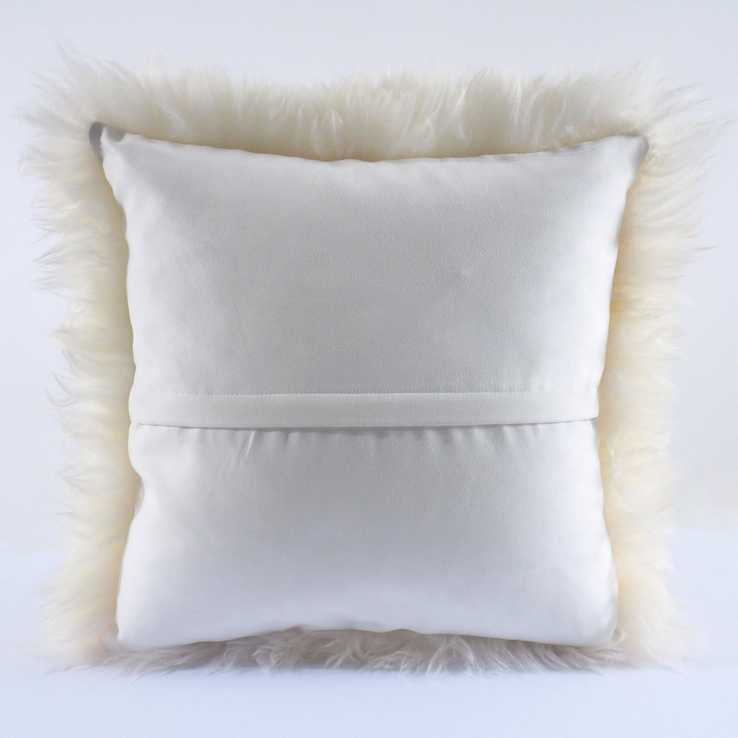 Italian Milky Way Wool White Shearling Sheepskin Pillow Fluffy Cushion by Muchi Decor For Sale