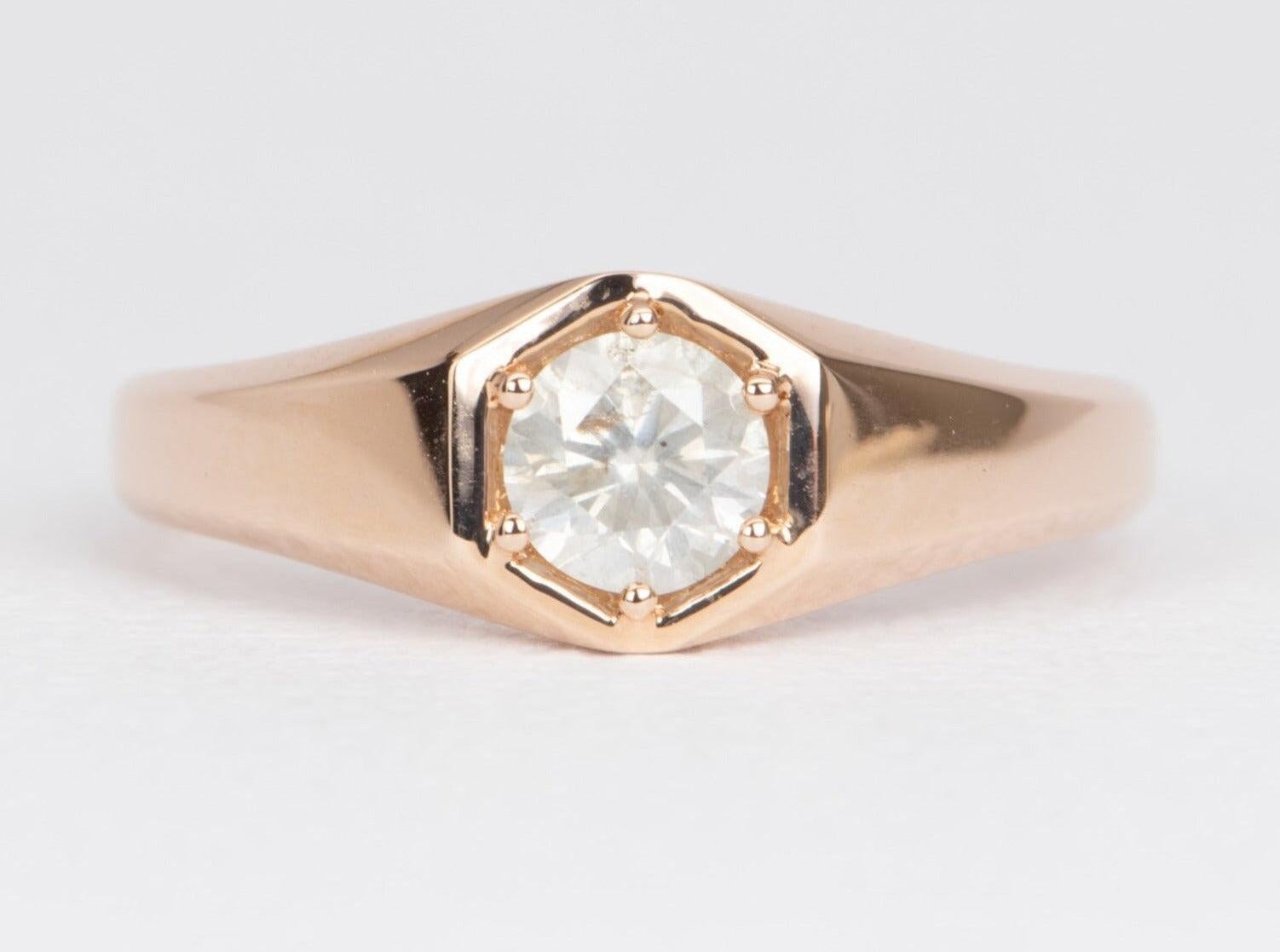 ♥ Solid 14K rose gold signet ring set with a milky white hexagon diamond in the center
♥ The overall setting measures 7.2 mm in width, 6.1 mm in length, and sits 3.8 mm tall from the finger

♥ US Size 7 (Free re-sizing up or down one size)
♥