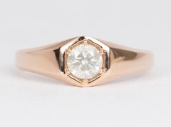 Milky White Diamond in Modern Hexagon Setting Signet Ring 14k Rose Gold R6476