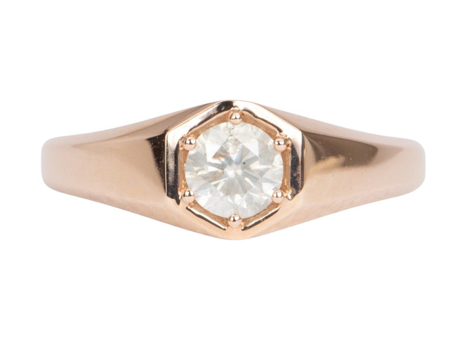 Milky White Diamond in Modern Hexagon Setting Signet Ring 14k Rose Gold R6476 For Sale