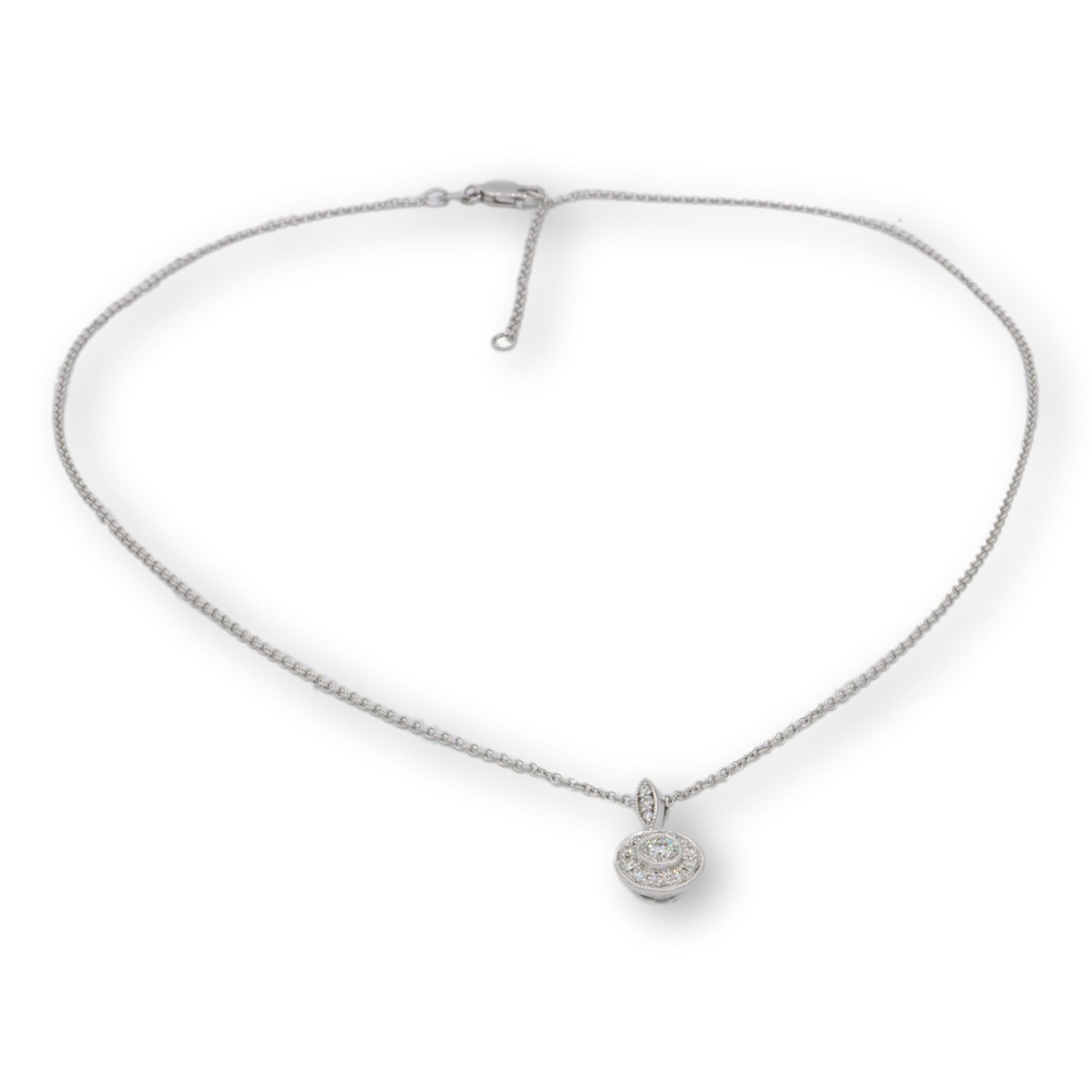 Modern MillGrain Circle Bezel Halo 18k White Gold Diamond .39Cts Total Pendant Necklace For Sale