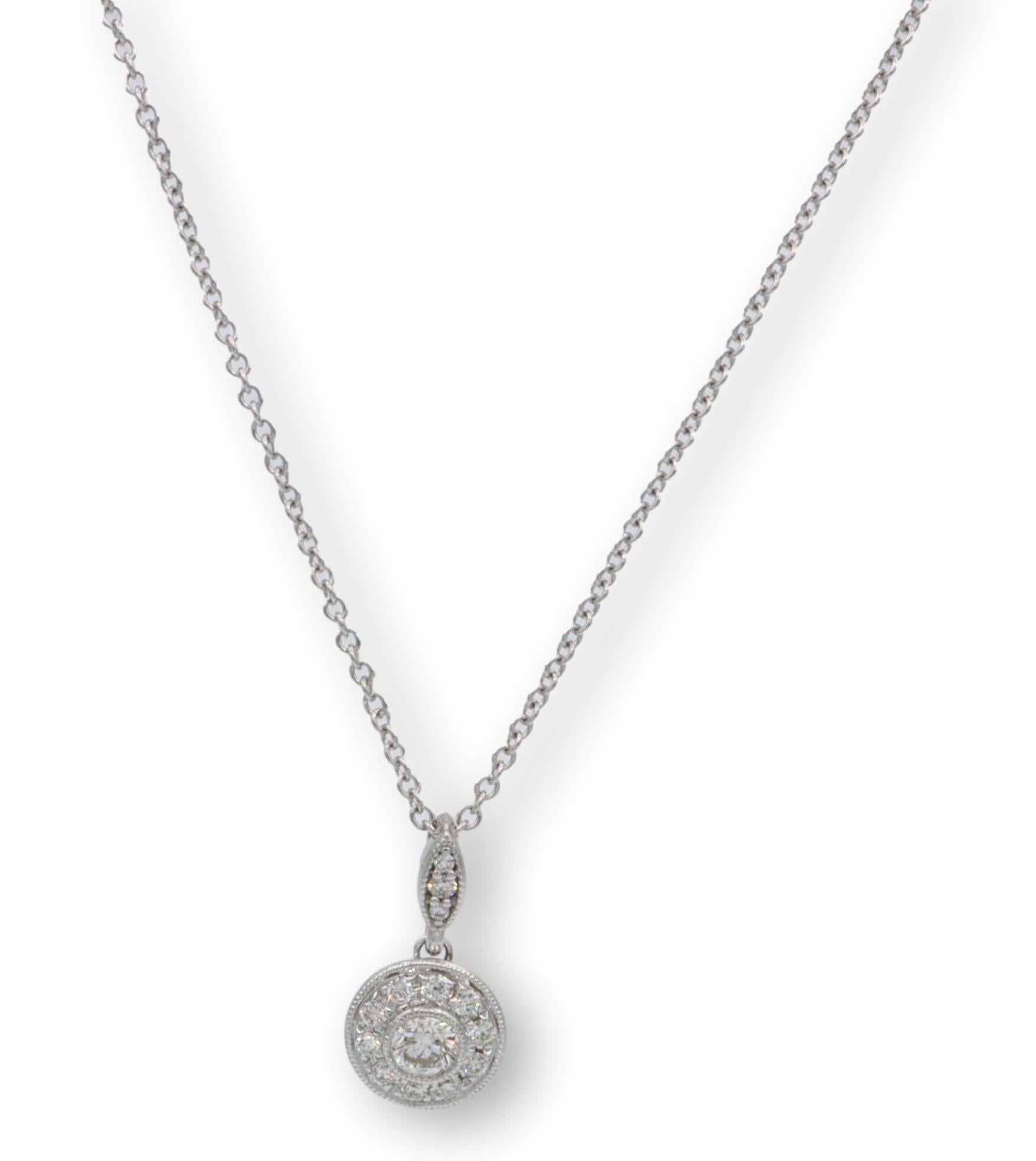 MillGrain Circle Bezel Halo 18k White Gold Diamond .39Cts Total Pendant Necklace In Excellent Condition For Sale In New York, NY