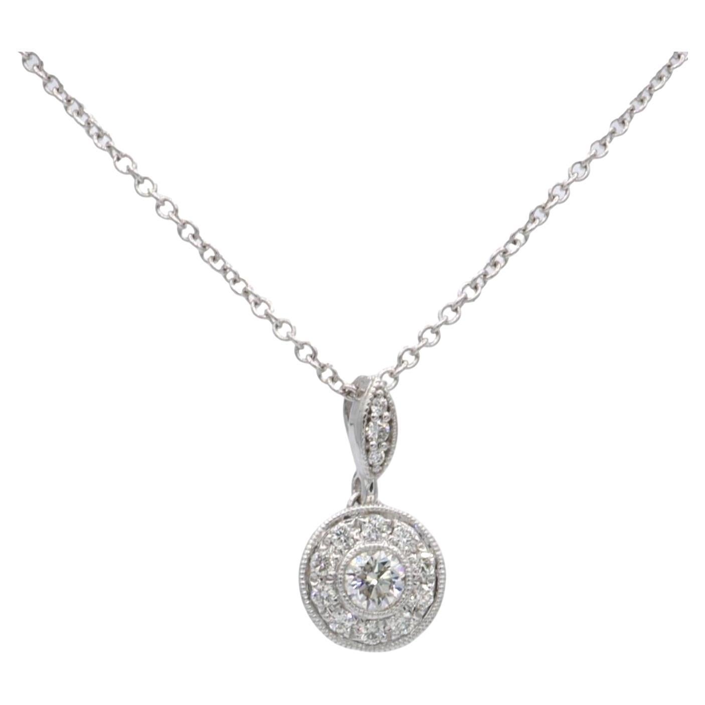 MillGrain Circle Bezel Halo 18k White Gold Diamond .39Cts Total Pendant Necklace For Sale