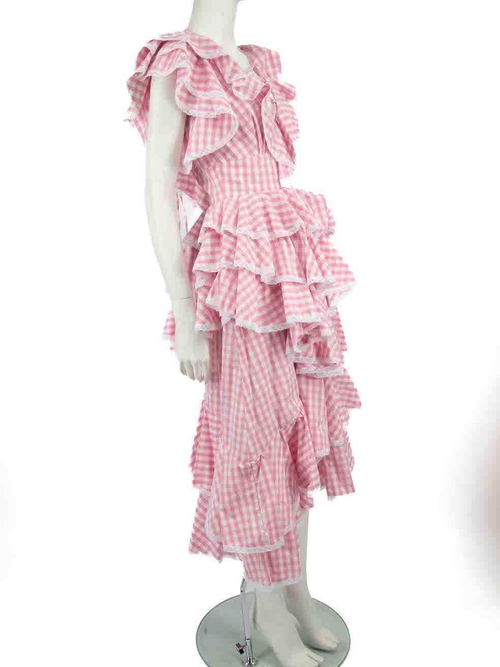 CONDITION is Very good. Minimal wear to dress is evident. Minimal wear to the front lower ruffles and centre-back with plucks and marks to the fabric on this used Milla Milla designer resale item.
 
 Details
 Pink
 Cotton
 Midi dress
 Gingham