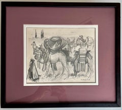 Millard Sheets (1907-1989) Schizzo a matita originale Cammelli e figure, incorniciato