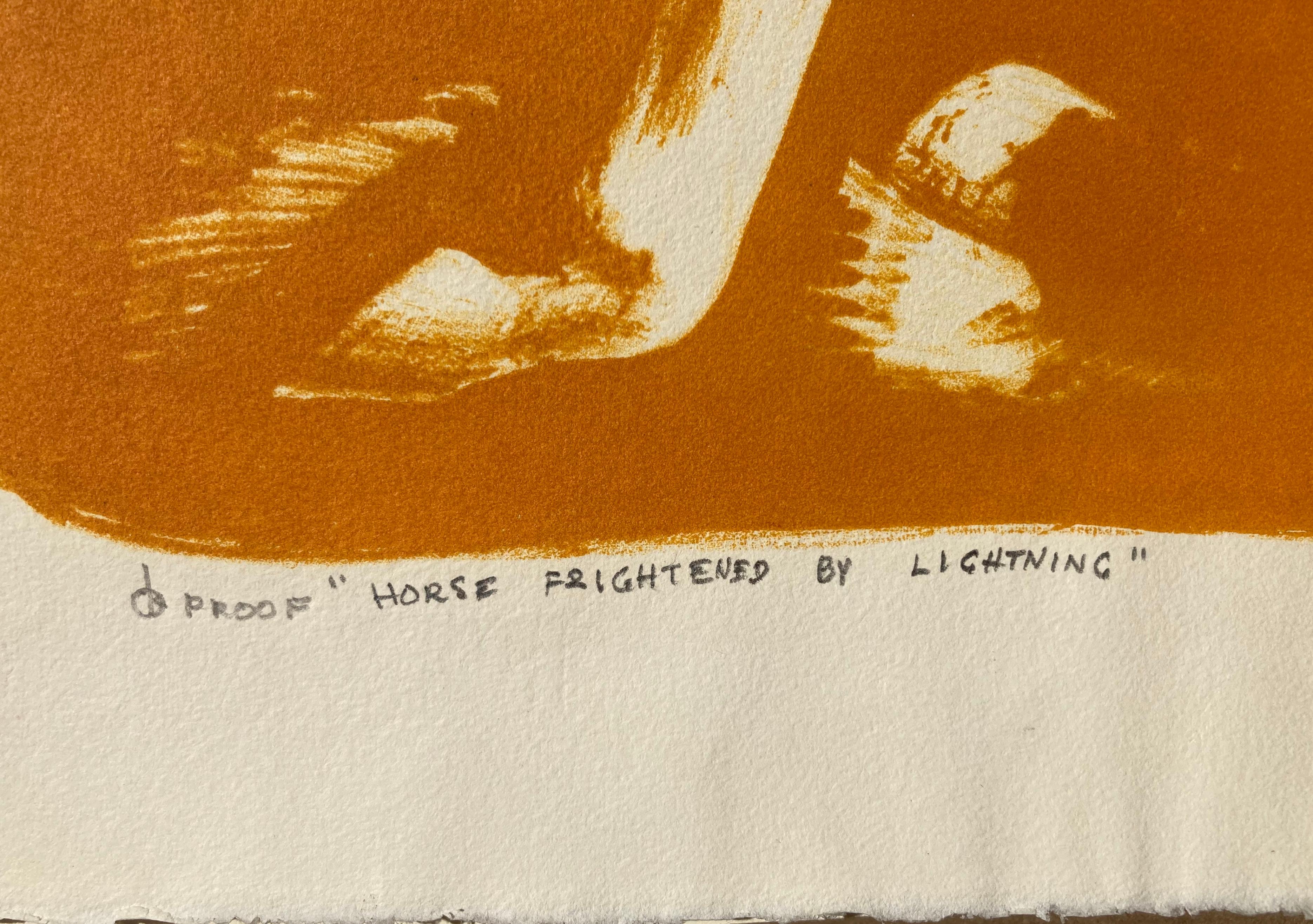 MILLARD SHEETS (1987 – 1989)

HORSE FRIGHTENED BY LIGHTNING, 1939
Lithograph signed in pencil, annotated “TRIAL PROOF”. The published edition is 75. Image, 17 x 22”. Sheet  19 ½” x 25 ¼” Printed by Lynton Kistler with his pencil cypher. Full margins