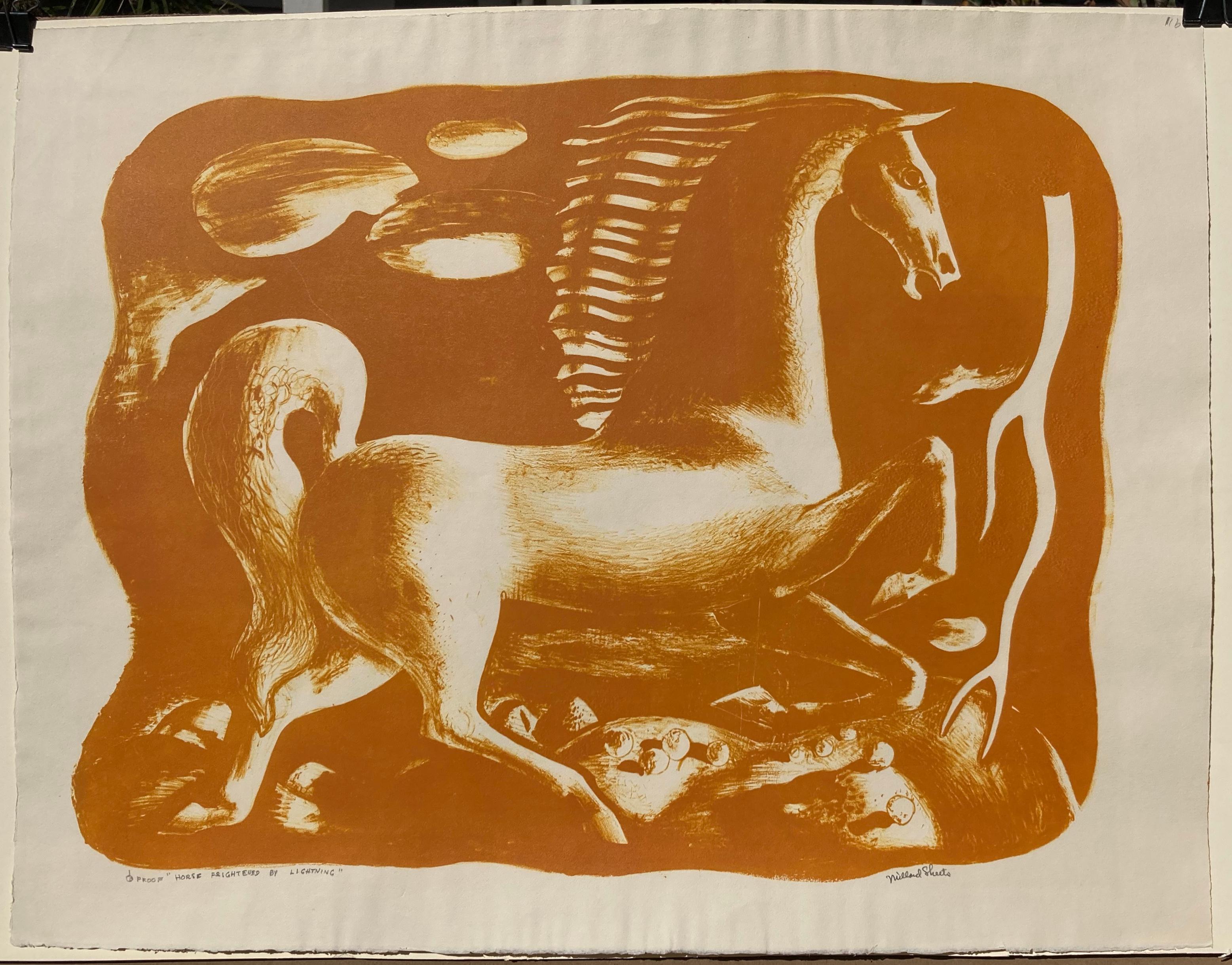 MILLARD SHEETS (1987 – 1989)

HORSE FRIGHTENED BY LIGHTNING, 1939
Lithograph signed in pencil, annotated “TRIAL PROOF”. The published edition is 75. Image, 17 x 22”. Sheet  19 ½” x 25 ¼” Printed by Lynton Kistler with his pencil cypher. Full margins
