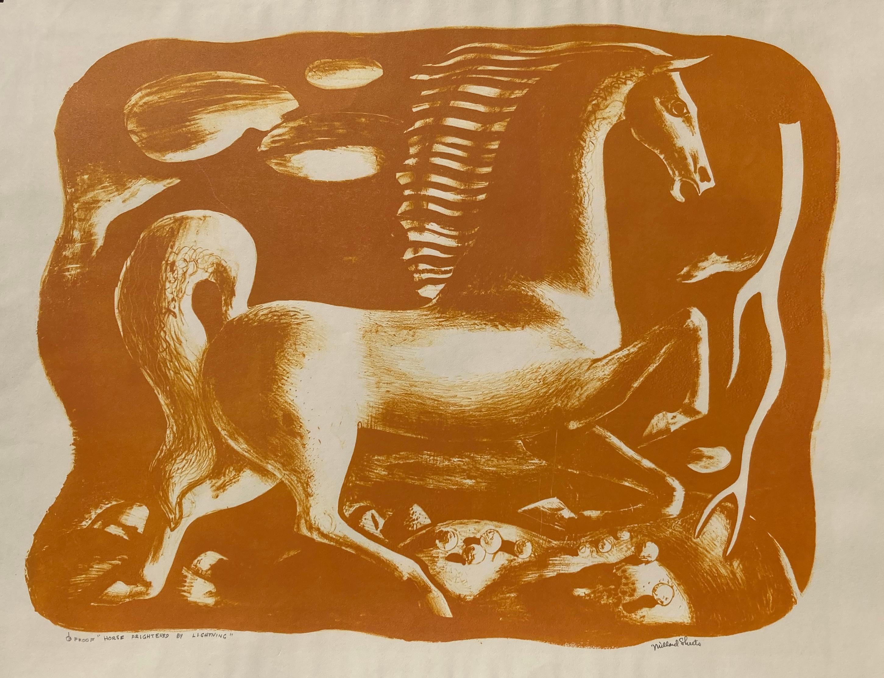 Millard Sheets Landscape Print - HORSE FRIGHTENED BY LIGHTNING - Proof imp - One of Sheet's Most Important Prints