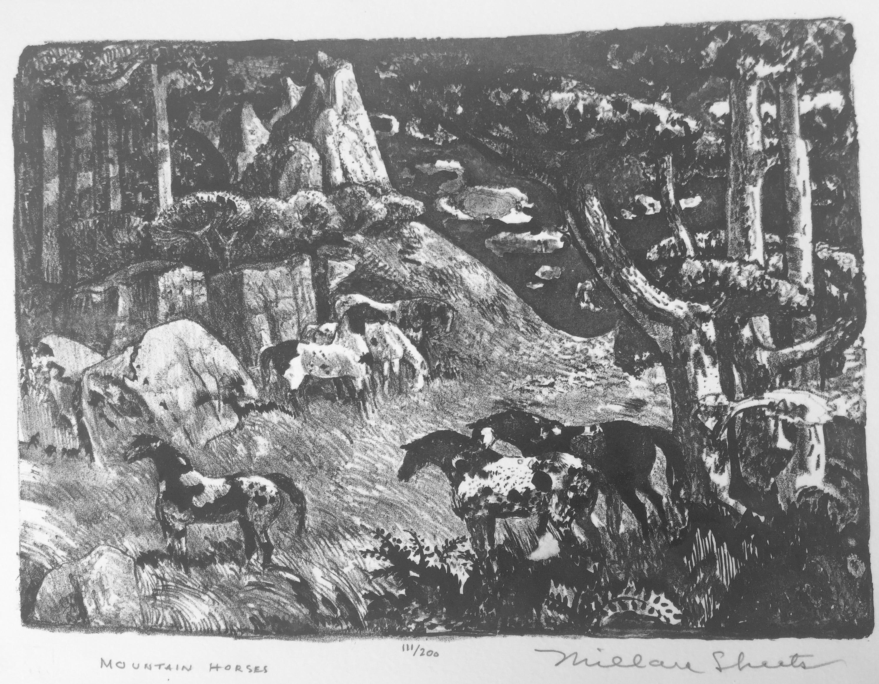 MOUNTAIN HORSES - Gray Landscape Print by Millard Sheets
