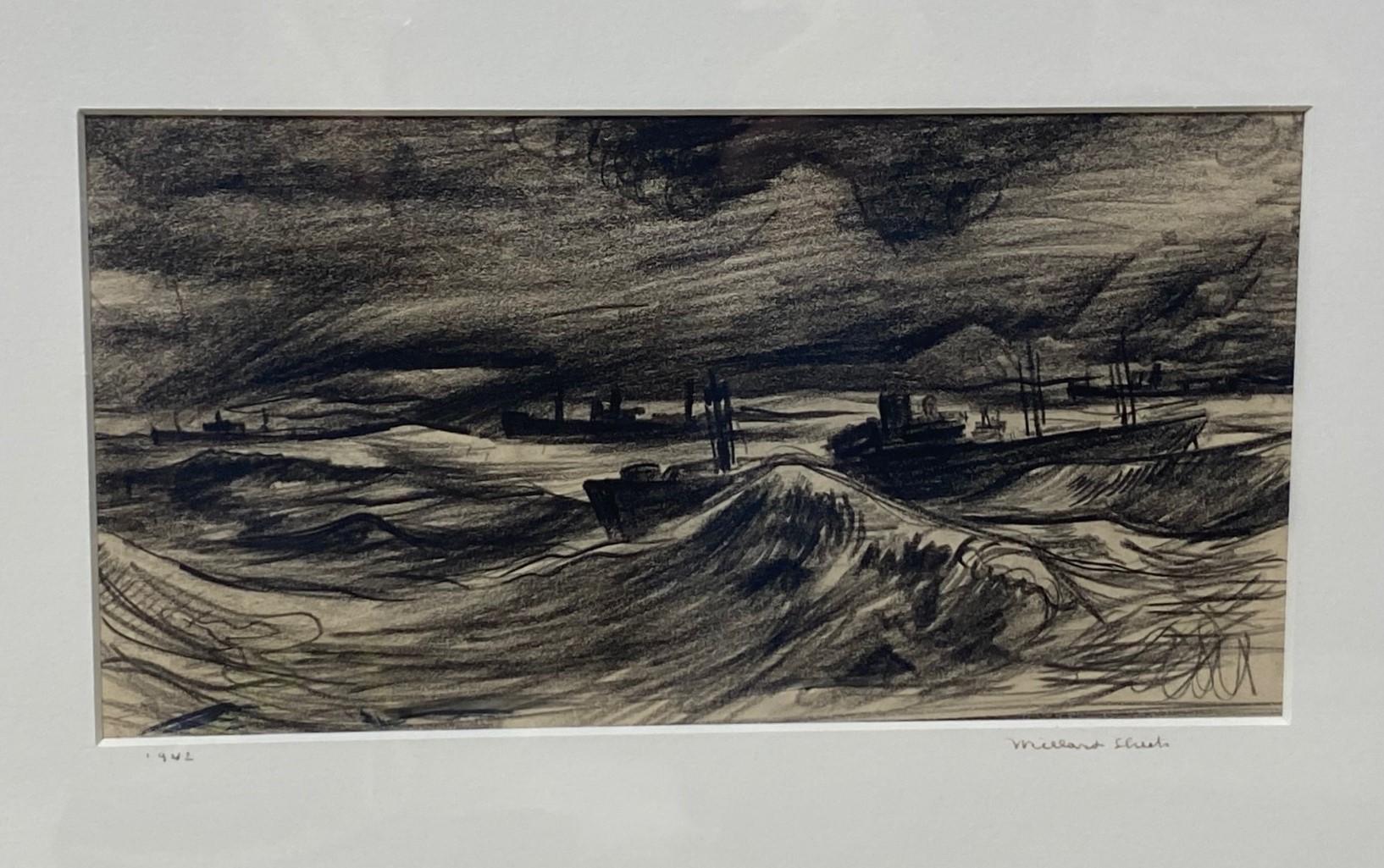 Millard Sheets Signed Original Drawing Wartime Boats in Stormy Seas Harbor, 1942 For Sale 5